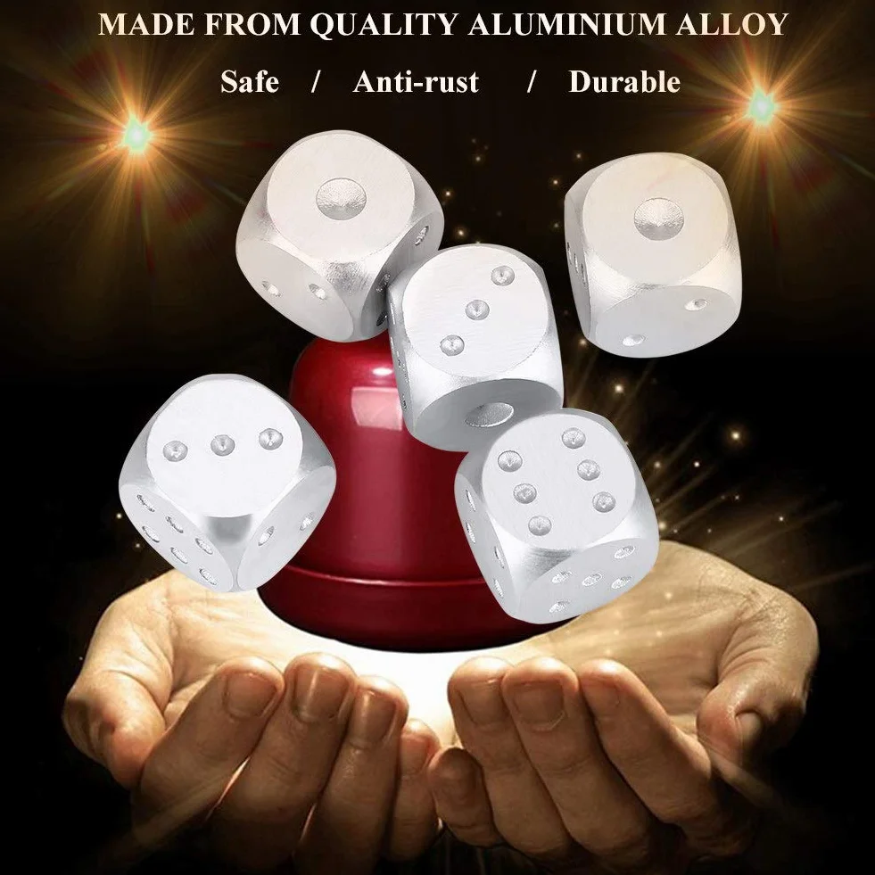 Zestaw Kości ze Stopu Aluminium, Zestaw Kości do Gry w Pokera z Etui(Srebrne Kwadratowe Pudełko)