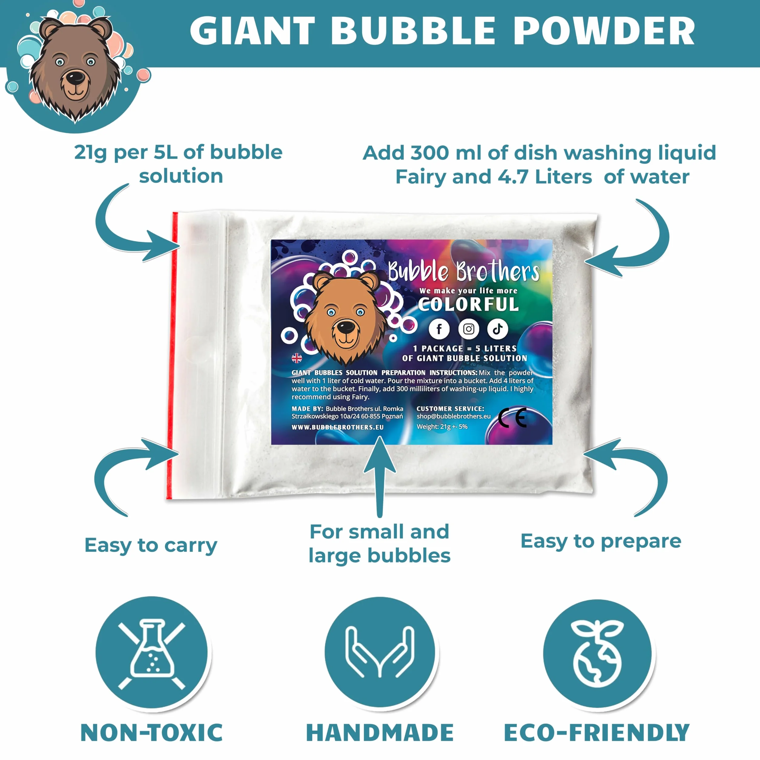 Bubble Brothers Płyn do baniek mydlanych 20 Litrów 4 x 5 Litrów Magiczny Proszek Bańki Mydlane Duże Bańki na urodziny wesele