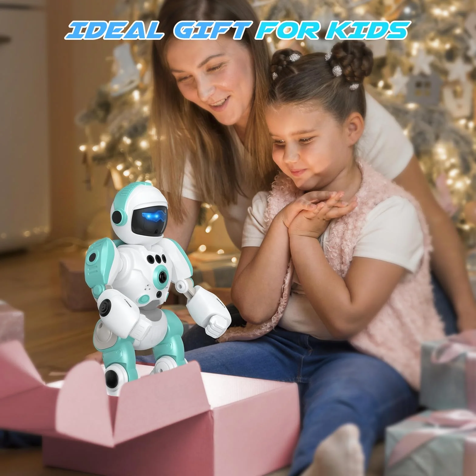 SIMREX Robot dla dzieci, ładowalny i projekcyjny, Robot RC z oczami LED i muzyką, zabawka RC z czujnikiem gestu dla 3 4 5 6 7 8 lat prezent dla chłopców i dziewcząt, jasnoniebieski