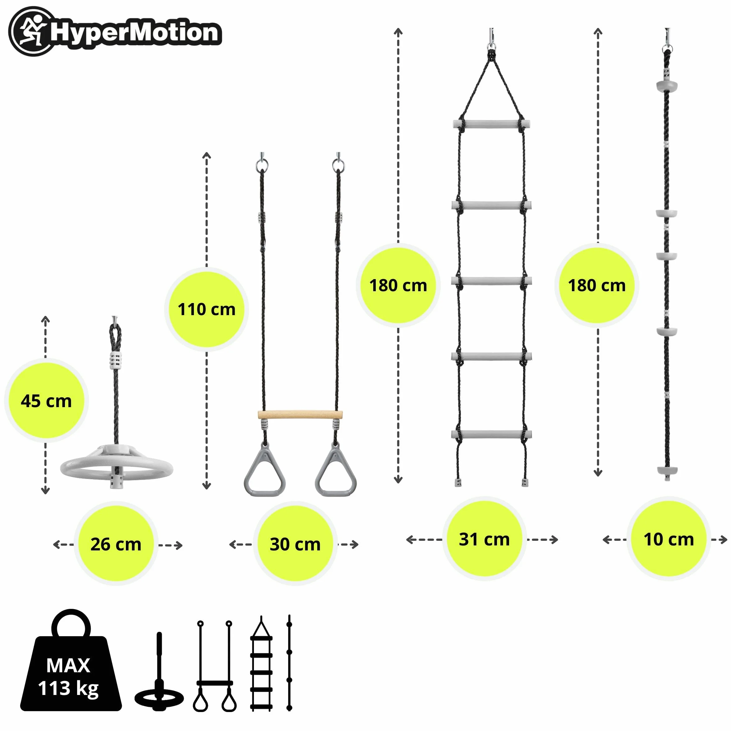 HyperMotion Tor Przeszkód Ninja dla Dzieci Zestaw Slackline – 9 Przeszkód Gimnastycznych z Drążkami Kółkami Liną i Drabinką – Udźwig do 113 kg – Dla Dzieci i Dorosłych do Ogrodu Outdoor
