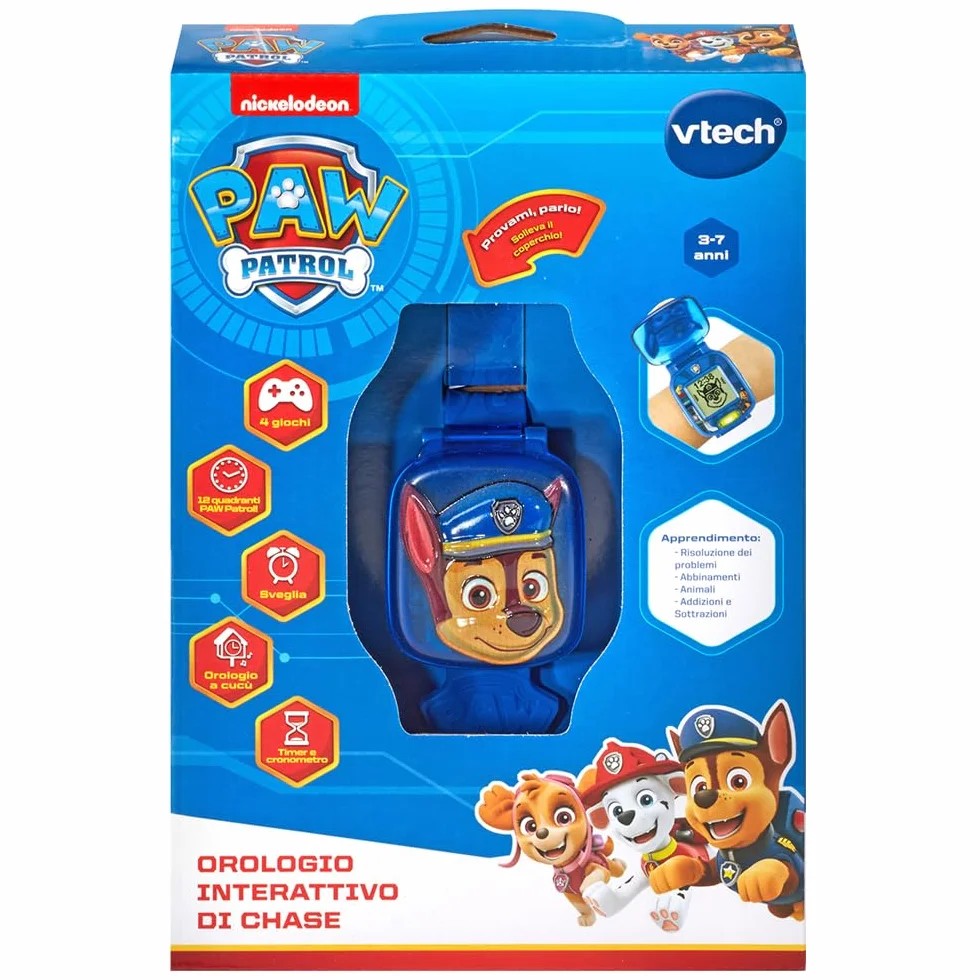 VTech PAW Patrol interaktywny zegarek Chase, zegarek dziecięcy z 4 grami, kolorowy ekran, z głosem Rydera, funkcja budzika i timera, język włoski, baterie w zestawie, 3-7 lat