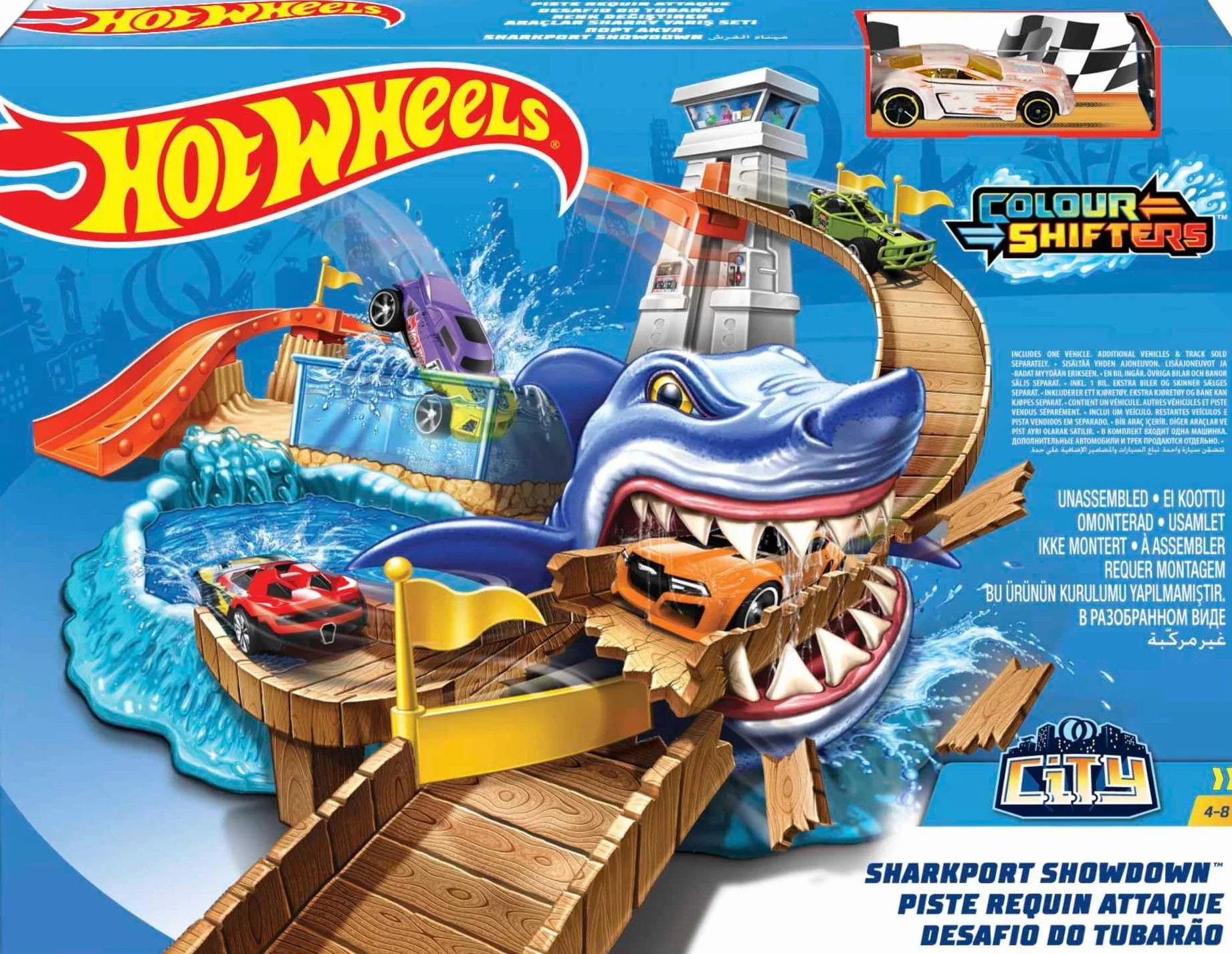 Hot Wheels Tor Starcie z rekinem Zestaw do zabawy z motywem rekina, zawiera samochód-resorak, zabawka dla dzieci od 4 lat, BGK04