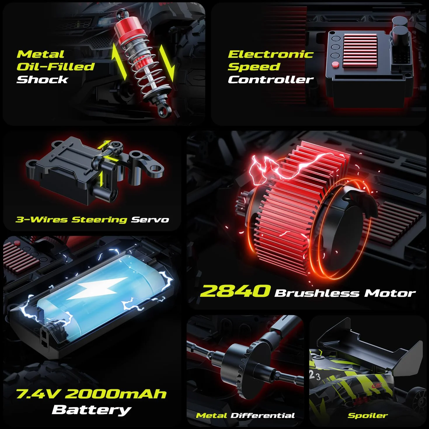 DEERC 1:14 bezszczotkowy zdalnie sterowany samochód dla dorosłych, 43 MPH 4WD offroadowy z 7-kolorowymi diodami LED, metalowe amortyzatory, 2 akumulatory 7,4 V, napęd metalowy, 3 tryby świecenia