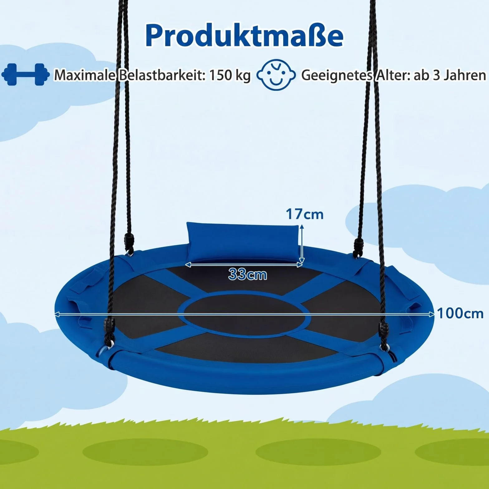 COSTWAY Huśtawka gniazdowa z poduszkami i uchwytami, huśtawka dziecięca z linką o regulowanej wysokości 100-180 cm, obciążenie do 150 kg, dla dzieci i dorosłych, do użytku wewnątrz i na zewnątrz