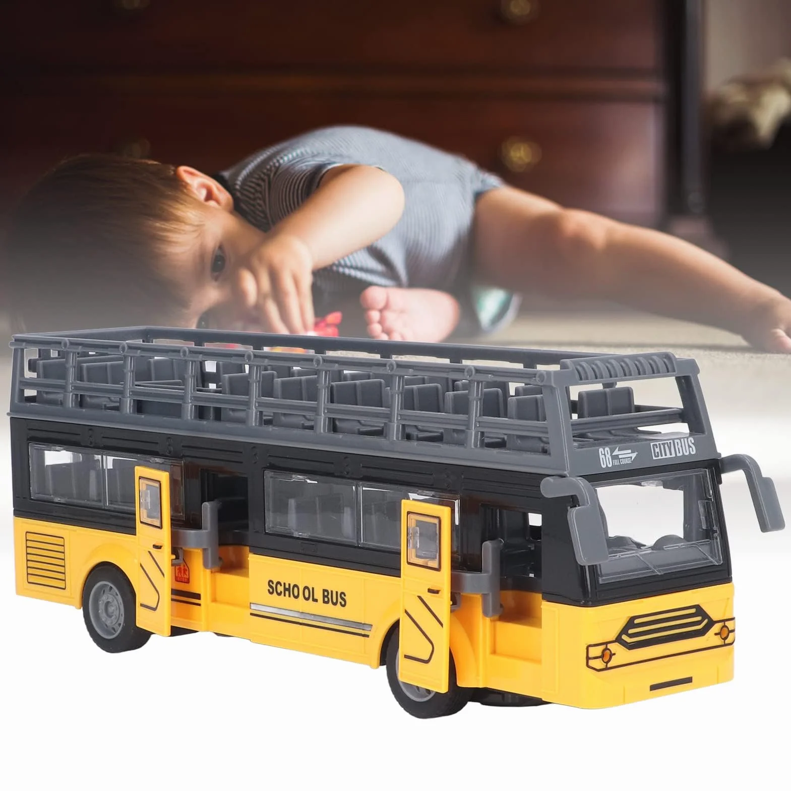 Zdalnie Sterowany Autobus Piętrowy, Drobne Szczegóły 4-kanałowy Autobus RC Bezpieczne Otwieranie Drzwi do Zabawek (QH204 7 Autobus szkolny)