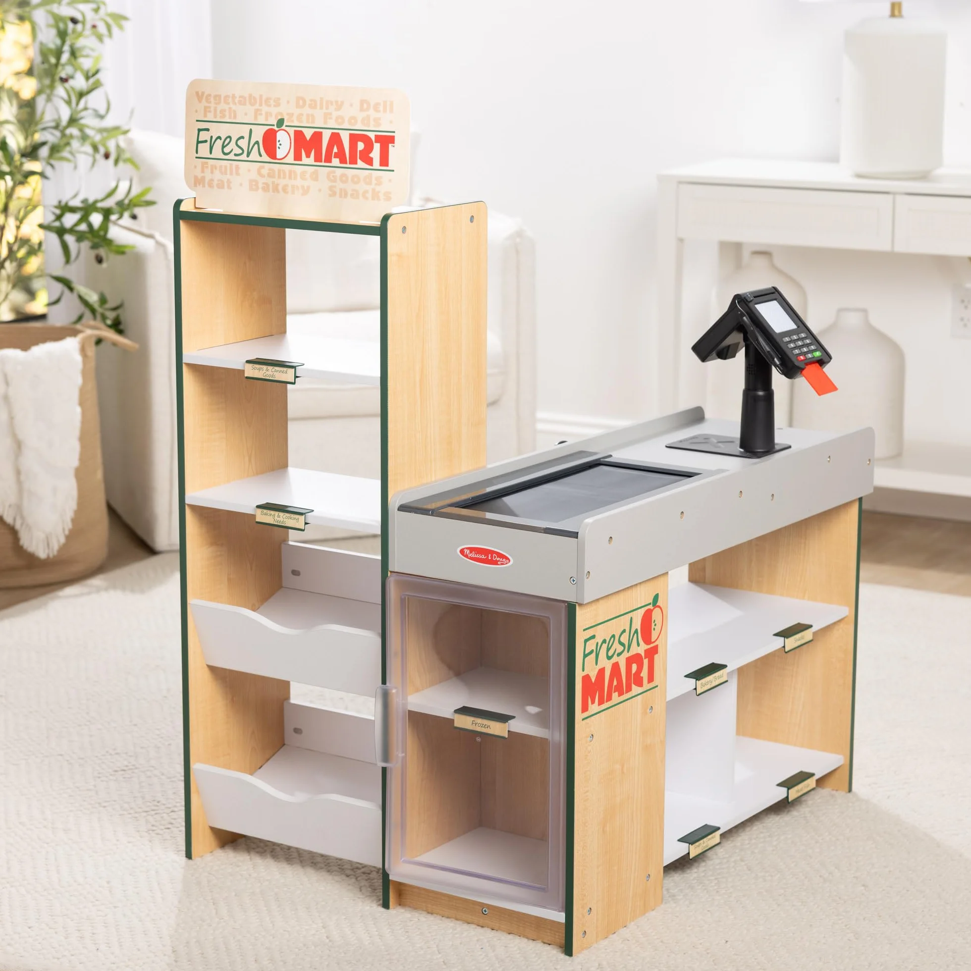 Melissa & Doug Drewniany sklep spożywczy Fresh Mart | Kasa dla dzieci | Zabawa w supermarket dla dzieci| Bardzo duży drewniany zestaw do zabawy z akcesoriami | Prezent dla chłopców I dziewczynek
