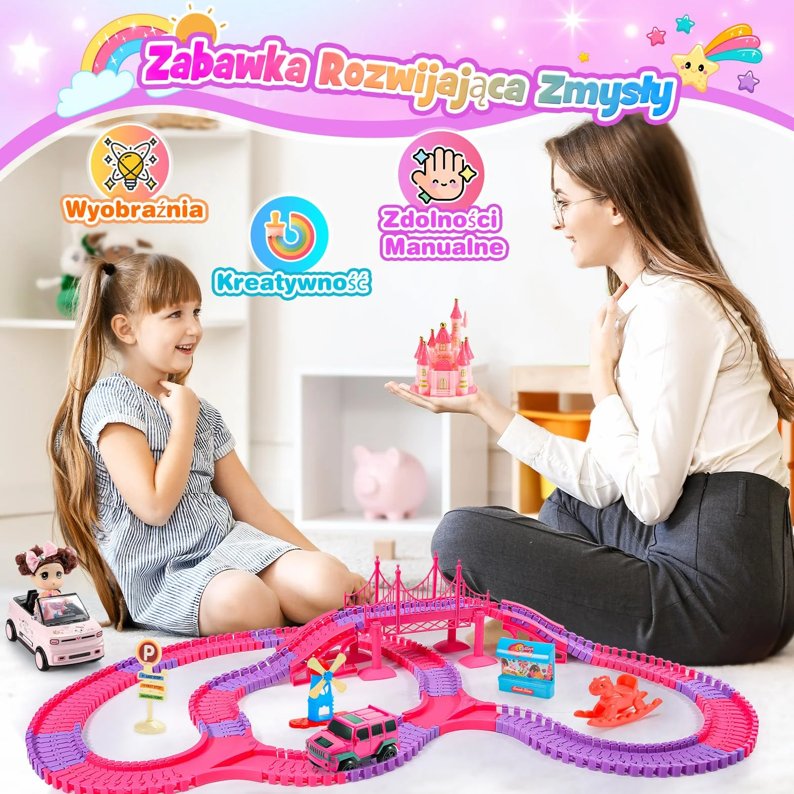iKidiki Zabawki Od 3 4 5 6 7 8 Lat Dziewczynki, Tor Wyścigowy Od 3-8 Lat Prezent Dla Dziewczynek 3-8 Lat Zabawki Dla Dzieci Dziewczynki Tor Wyścigowy Księżniczki Prezent Urodzinowy Dziewczynek
