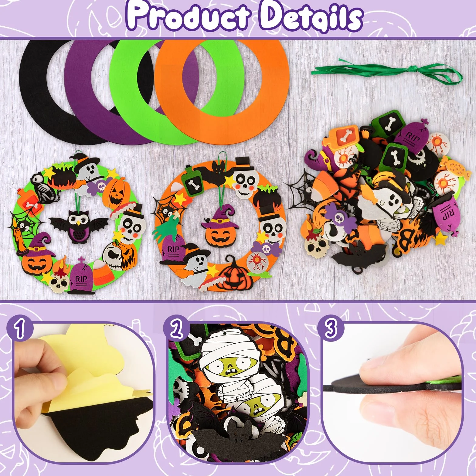 Benjia Wieniec na Halloween, zestaw rzemieślniczy dla dzieci, DIY, filcowy wieniec, ozdoby na Halloween, z bandażem, zombie, sową, dynią z horrorem, do aktywności imprezowych, 4 szt. (2501)