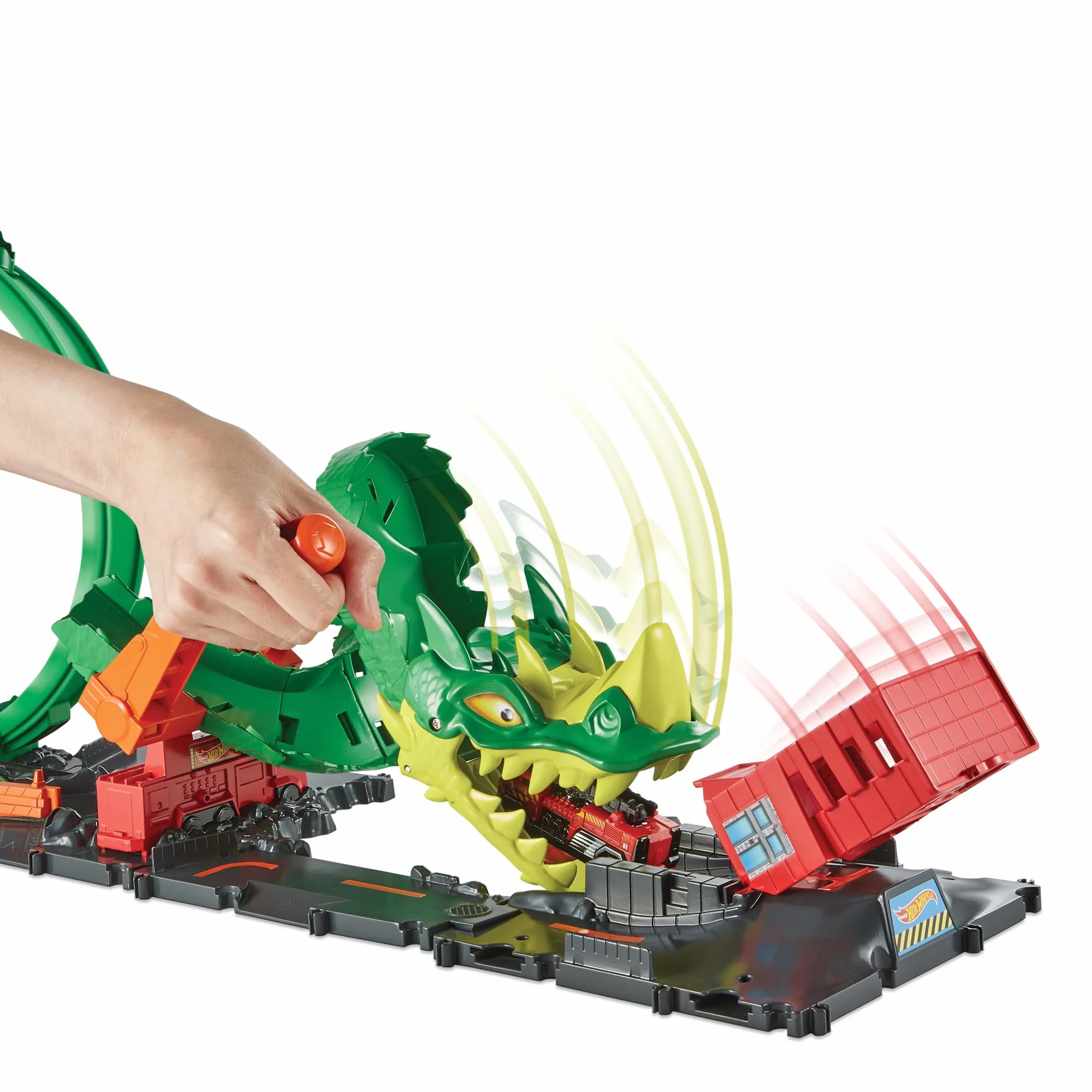 Hot Wheels Tor wyścigowy Pętla smoka Zestaw do zabawy z wyzwaniami kaskaderskimi i 1 samochodzikiem Hot Wheels, zabawka łączy się z innymi zestawami, świetny prezent dla dzieci od 5 lat, HJV70