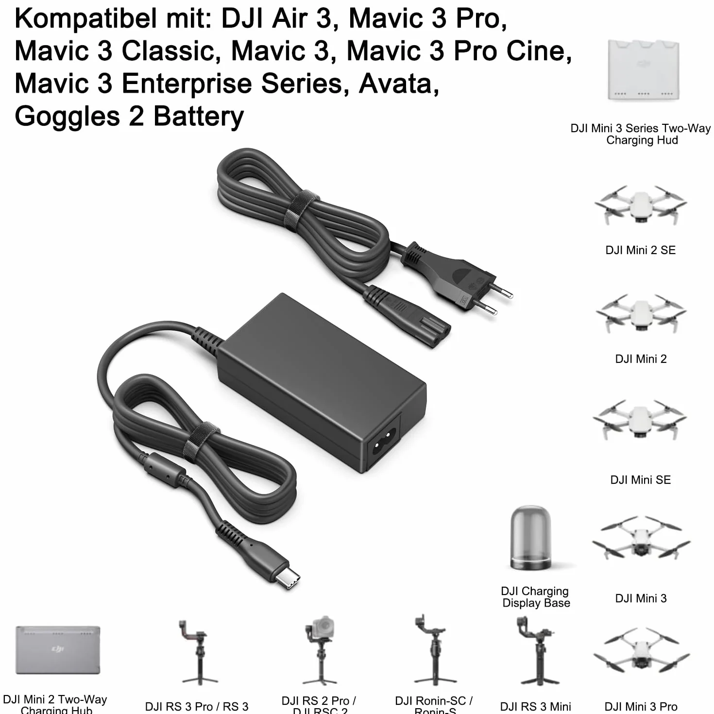 HKY DJI przenośna ładowarka 65 W do DJI Mavic 3 Pro, DJI Mavic 3 Pro Cine, DJI Mavic 3 Classic, DJI Mavic 3, DJI Mavic 3 Cine, DJI Air 3, DJI Avata, DJI Goggles 2, akumulator JBL Xtreme 3 USB C