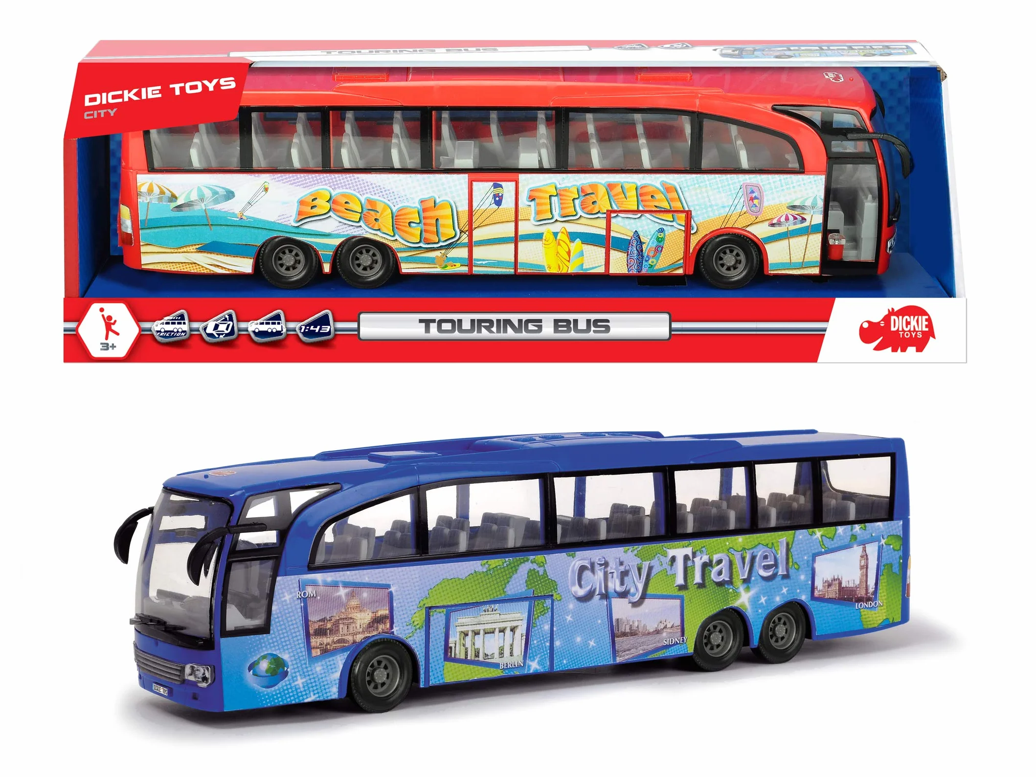 Dickie Toys 203745005 Autobus turystyczny, zabawkowy autokar z tarciem, drzwi otwierane, 2 wersje kolorystyczne, wybór koloru losowy czerwony lub niebieski, dla dzieci od 3 lat, 30 cm
