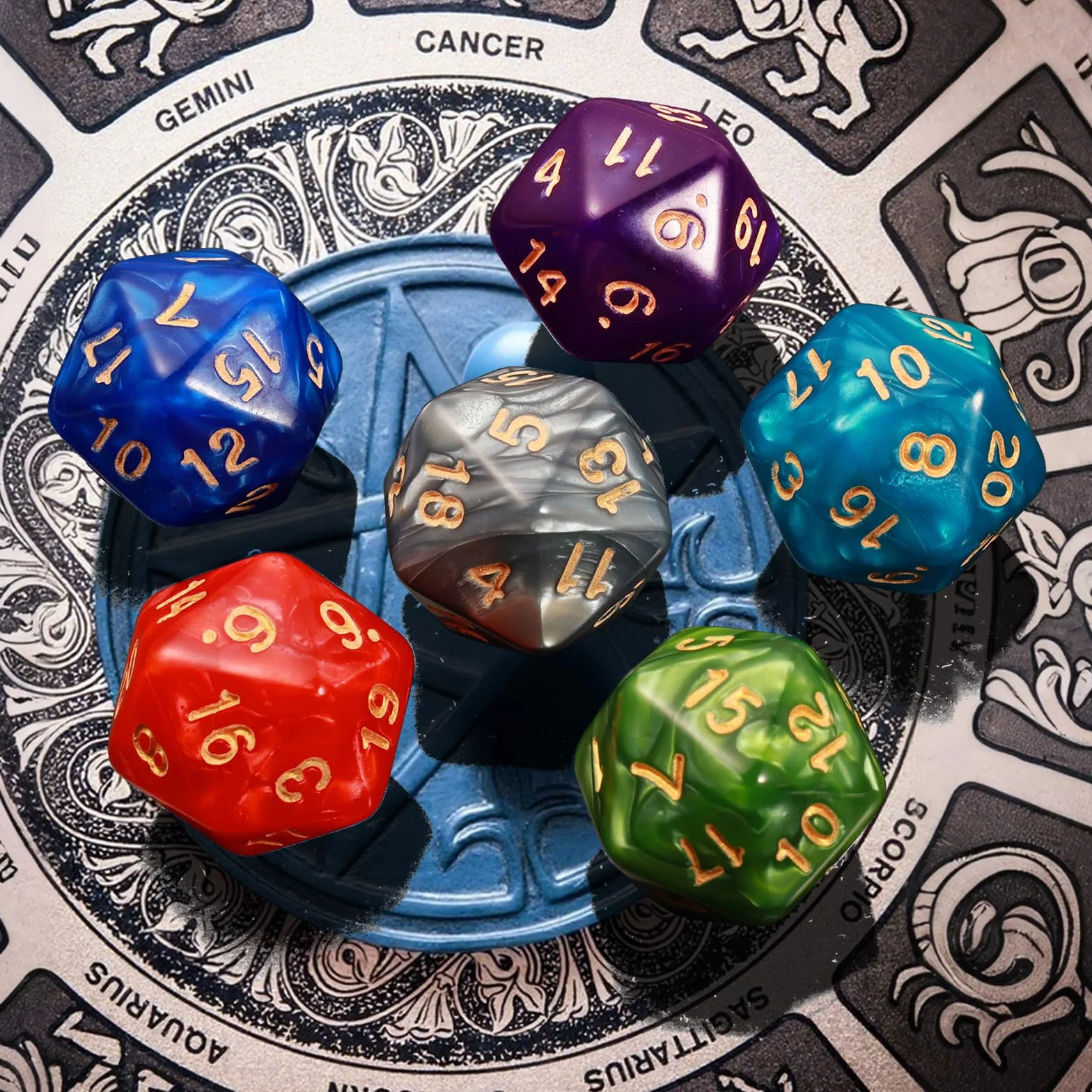 Zestaw kości wielościennych, 6 x 7 (42 sztuki) Kości DND z 6 woreczkami na rzep, do Dungeons and Dragons Pathfinder DND RPG MTG, 6 zestaw kości DND od D4 D6 D8 D10x2 D12 D20