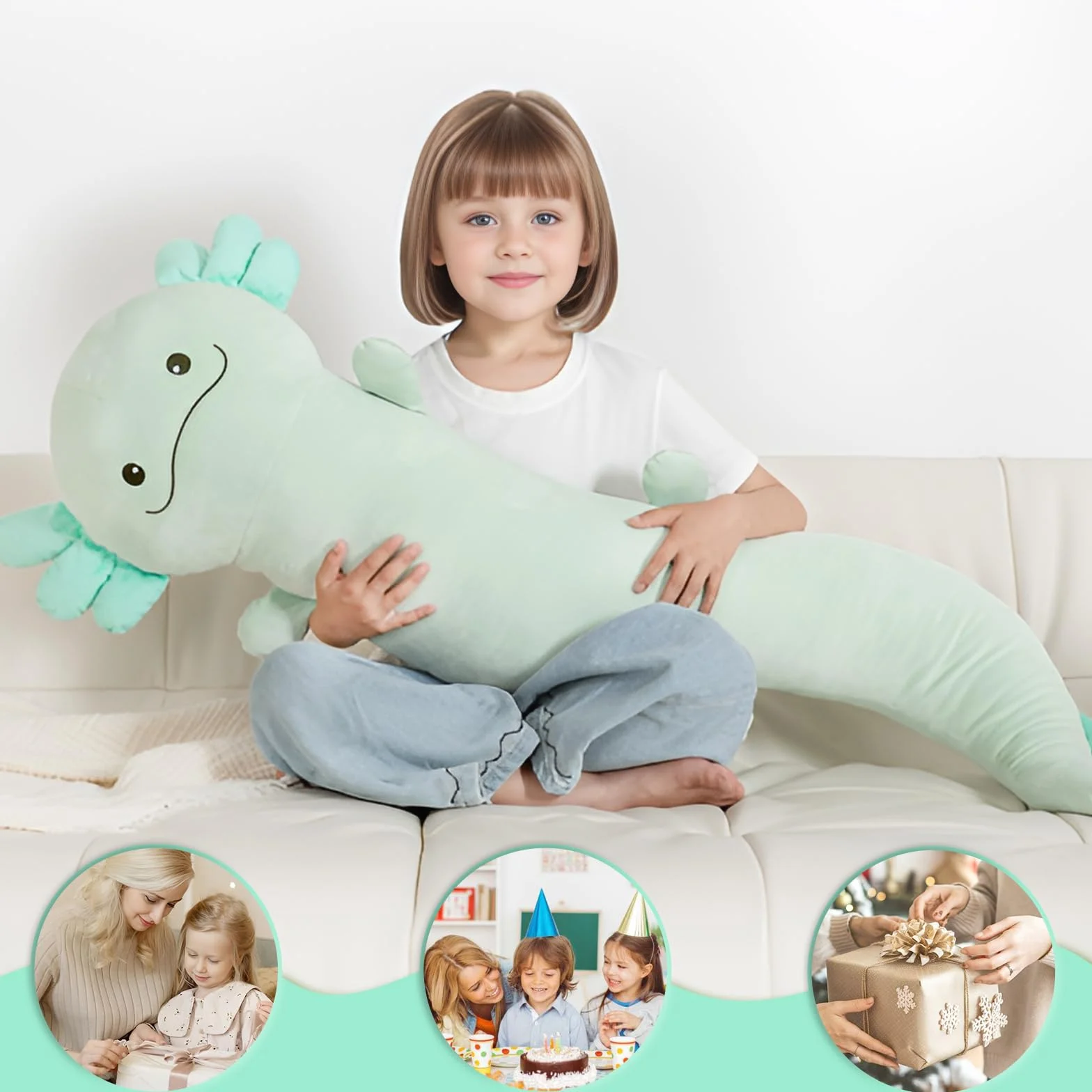 Dalmao 120 cm ogromna pluszowa poduszka Axolotl z wypchanym zwierzęciem, duża zielona poduszka Axolotl, zabawka w ciemności, ogromna poduszka do spania dla dzieci, na urodziny, Wielkanoc