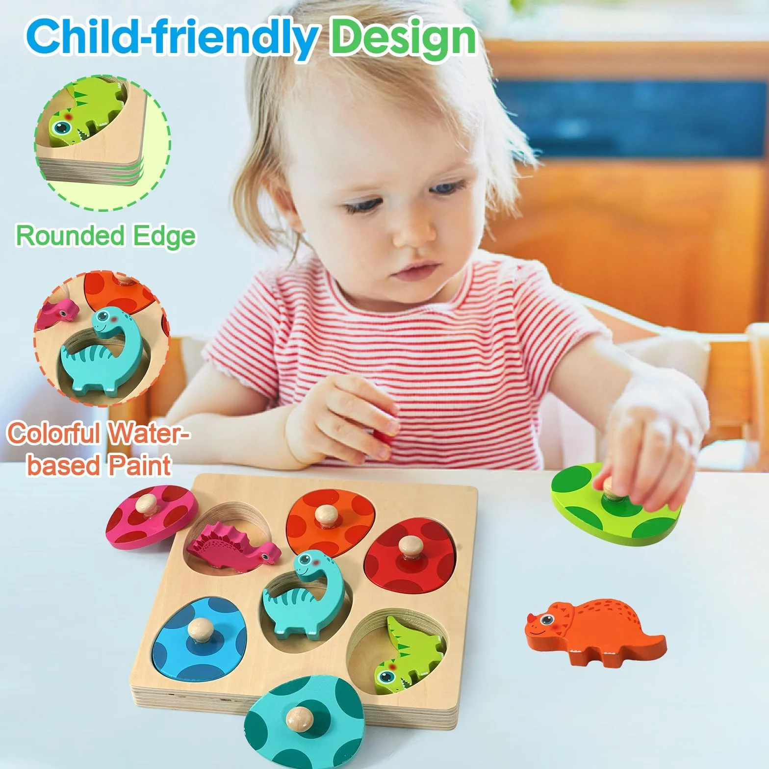 Dinozaury drewniane zabawki puzzle z guzikami, Goorder Montessori zabawka dla dzieci 1 2 i 3 lata, interaktywna gra edukacyjna puzzle, gry dla dzieci nauka dla chłopca, dziewczyny, urodziny, Boże