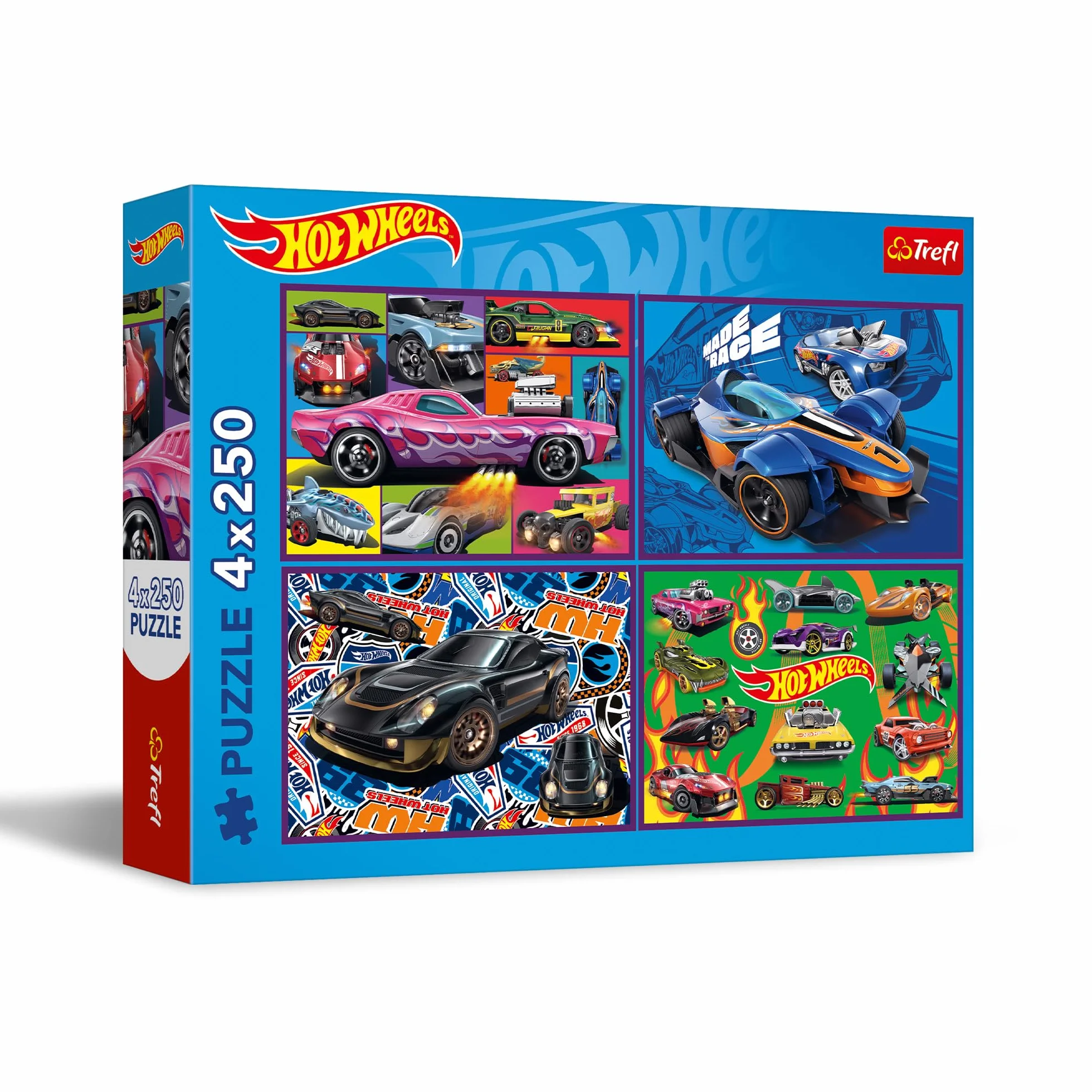 Trefl - Puzzle 4w1: Hot Wheels, Wyścigowe Auta - 4 x 250 Elementów - Zestaw Czterech Układanek dla Nastolatków