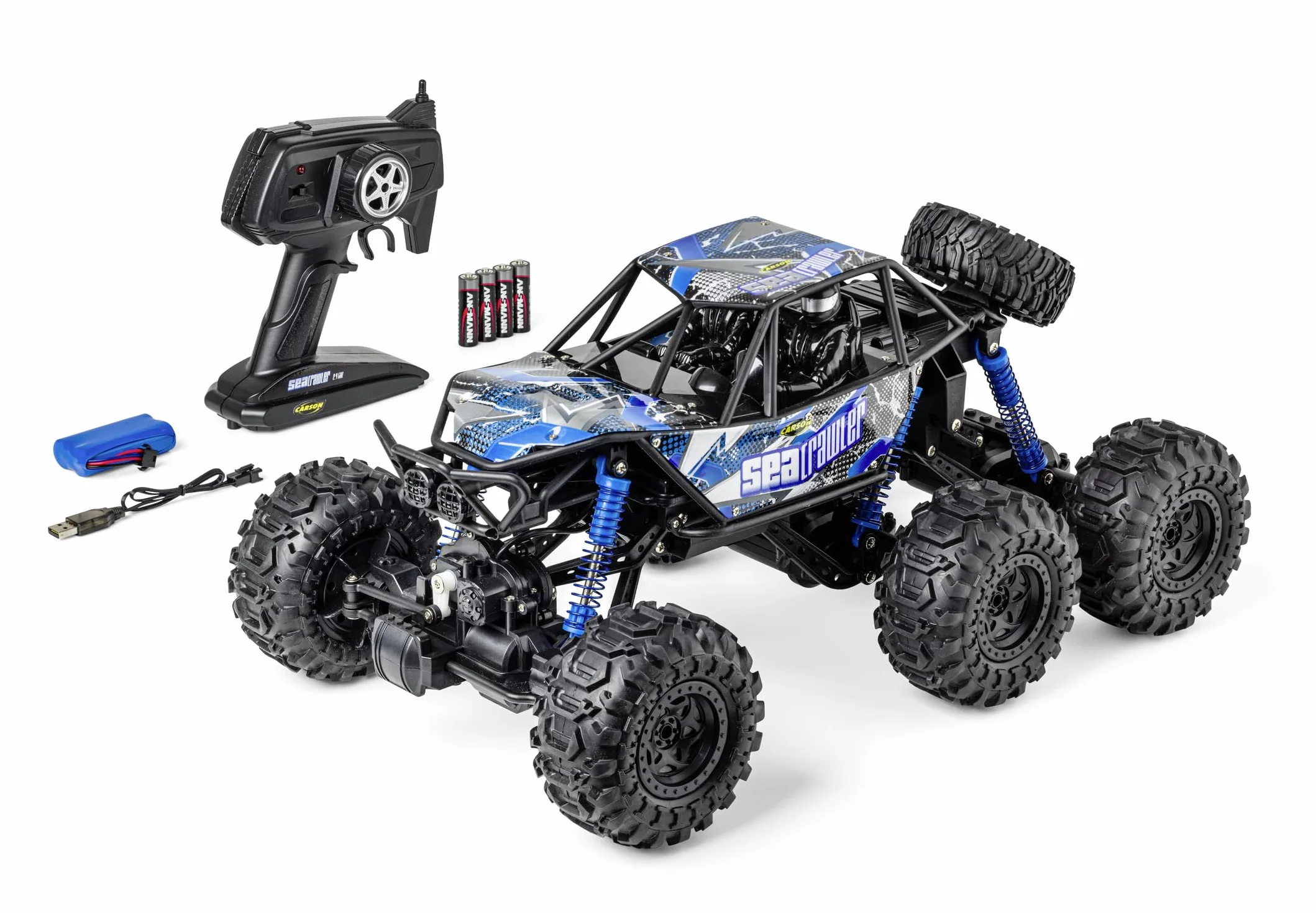 Carson 500404288 1:10 Sea Crawler 6 x 6 100% RTR niebieski – samochód RC jako pojazd amfibii, 100% RTR, do lądu i wody, wytrzymały i wodoodporny, z pilotem zdalnego sterowania 2,4 G