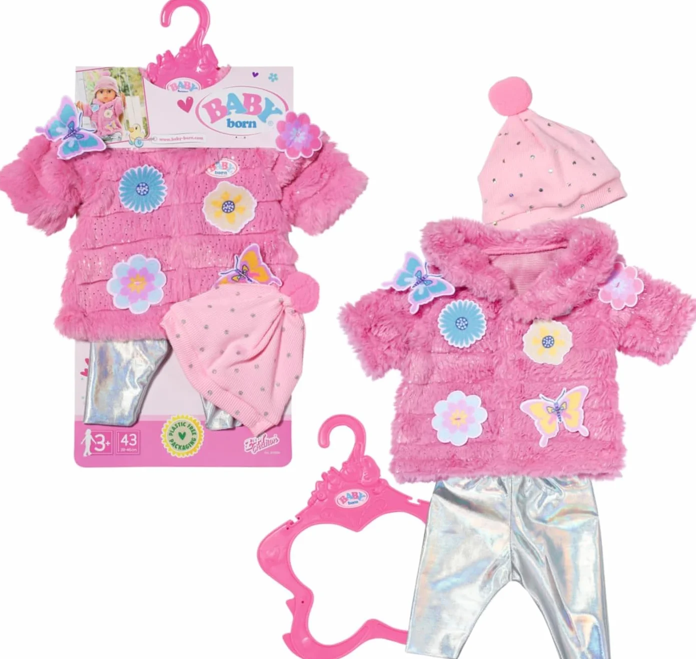 BABY born 833834 - Miękki różowy płaszcz z legginsami i czapką dla lalek 43 cm - Lalka nie wchodzi w zakres dostawy - Odpowiedni dla dzieci w wieku 3 lat +