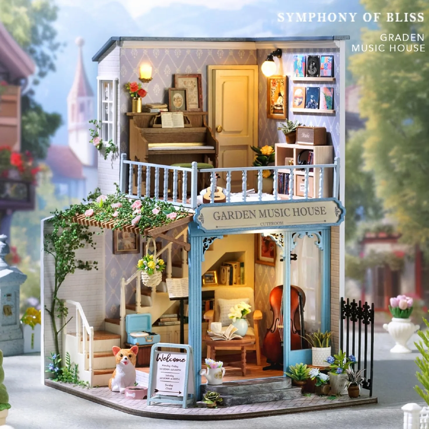 CUTEROOM DIY miniaturowy domek dla lalek - kreatywny drewniany model 3D z oświetleniem LED i ruchem muzycznym - zestaw konstrukcyjny dla dorosłych, wystrój domu - melodia