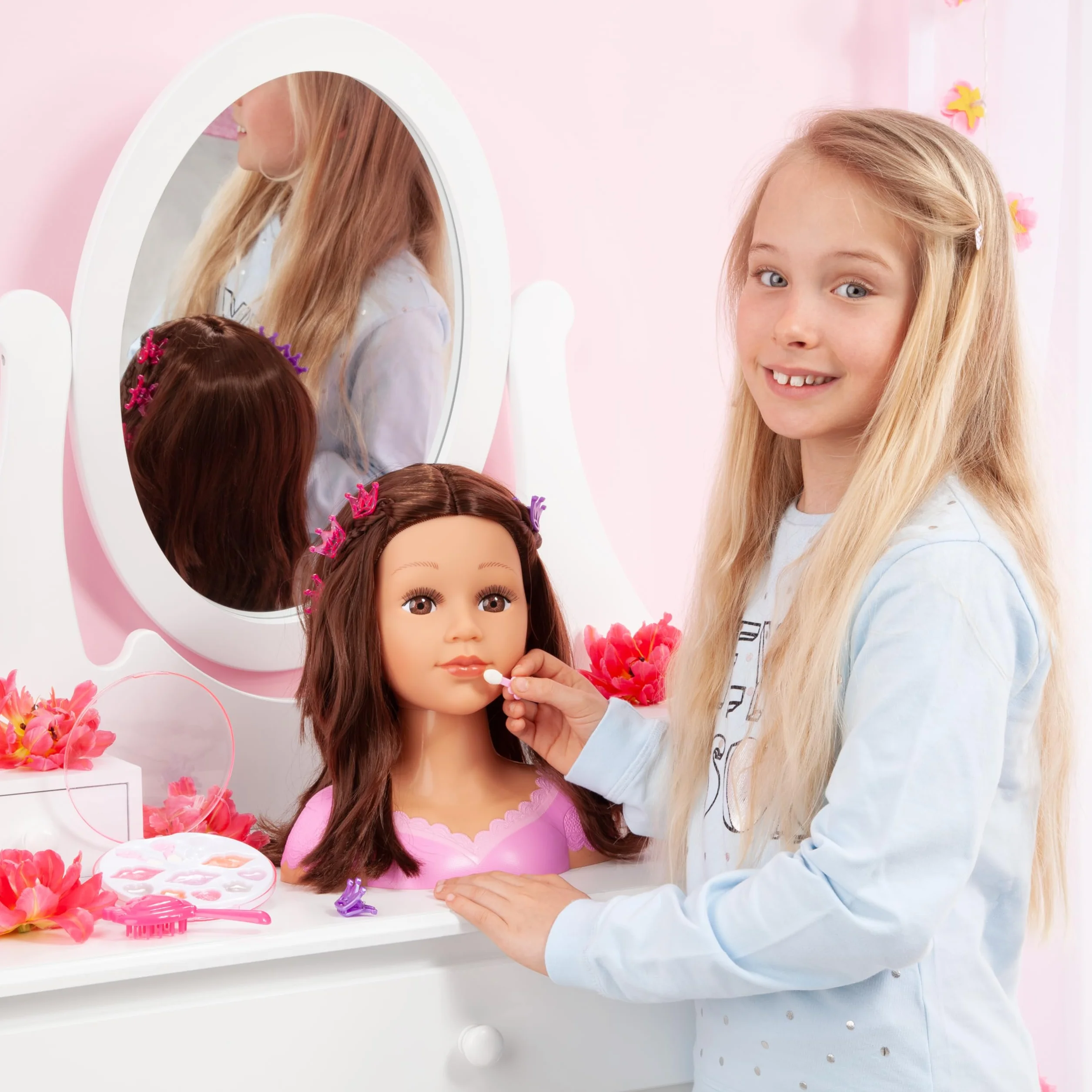 Bayer Design 90088AK Głowa do stylizacji dla dzieci, lalka do stylizacji Charlene Super Model z akcesoriami, brązowe włosy