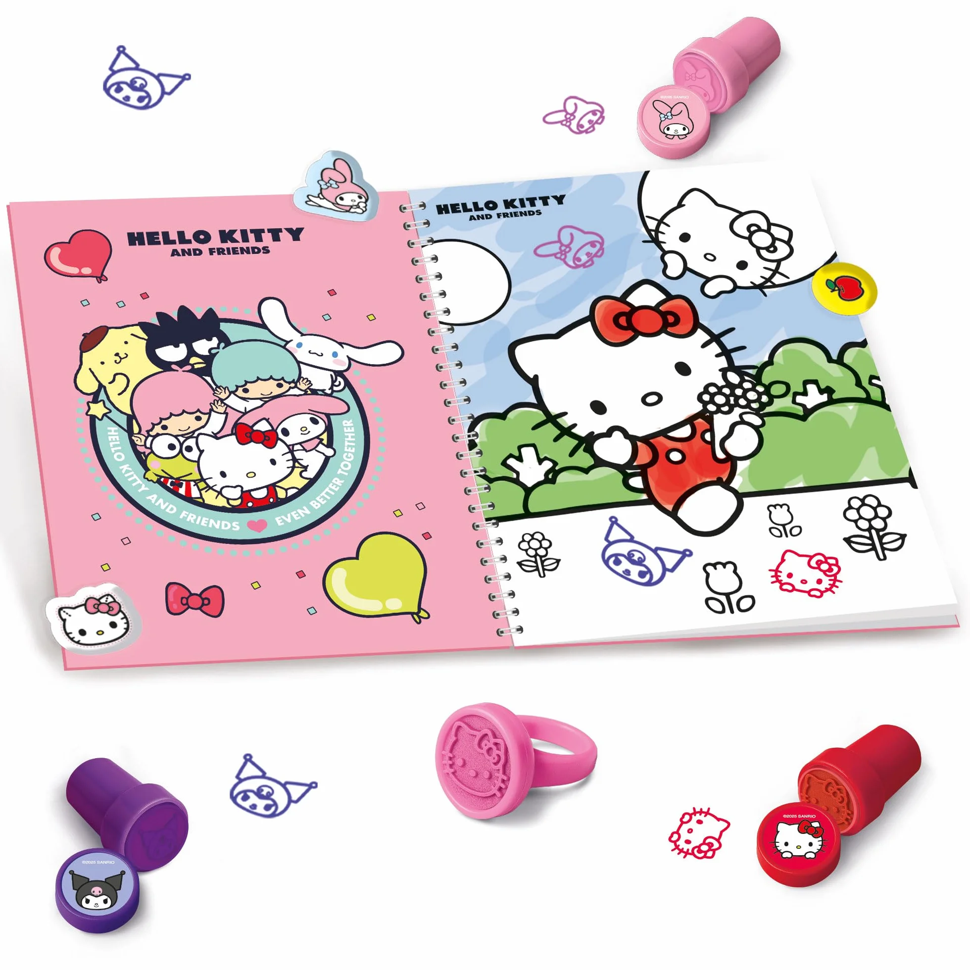 Lisciani – HELLO KITTY AND FRIENDS – kolorowanka z naklejkami i pieczątkami dla dzieci w wieku 5+ – 16 stron z 3 znaczkami, pieczęcią pierścieniową i puszystymi naklejkami – kreatywny zestaw