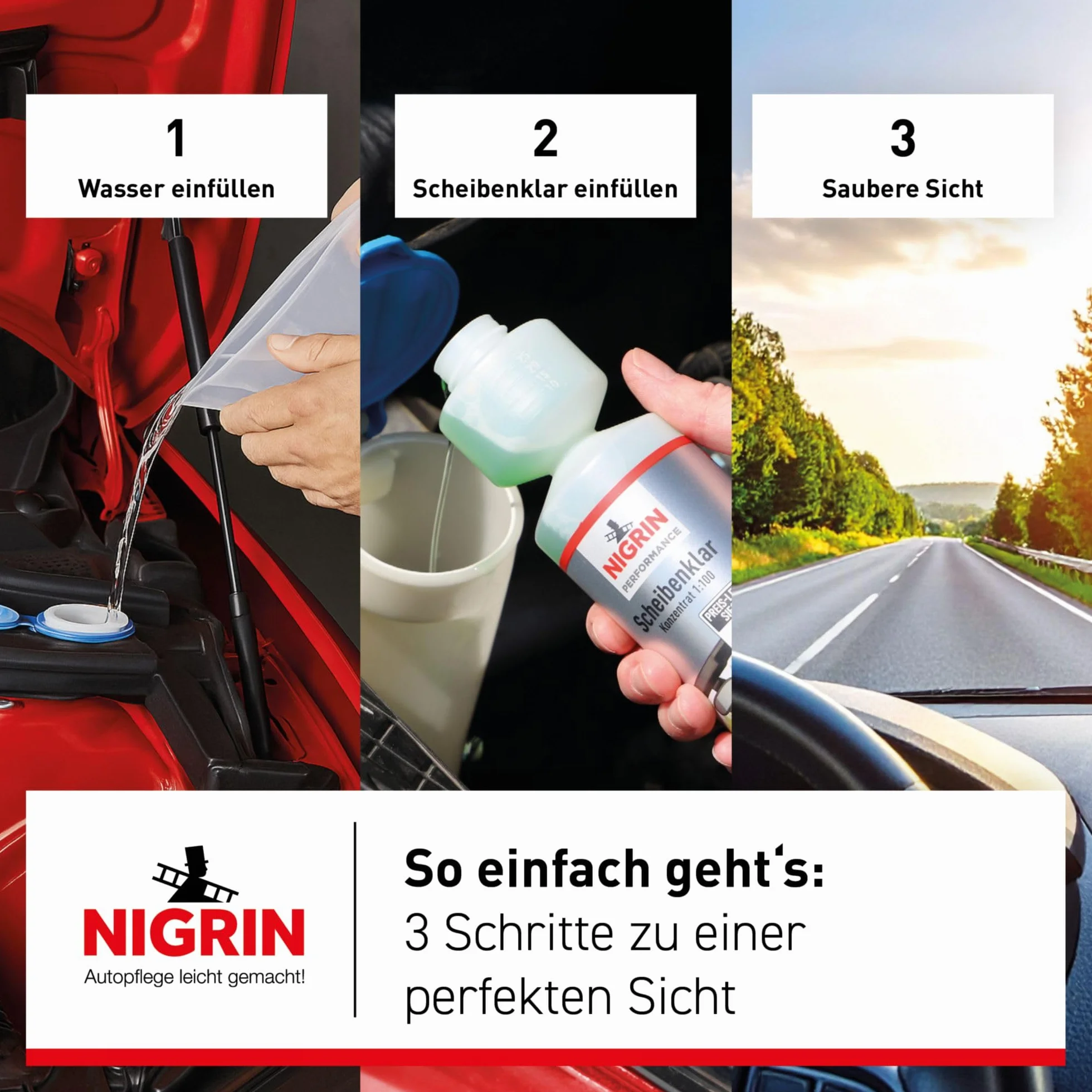 NIGRIN Scheibenklar koncentrat 1:100, szybki i skuteczny dla najlepszej widoczności, 250 ml, bezbarwny