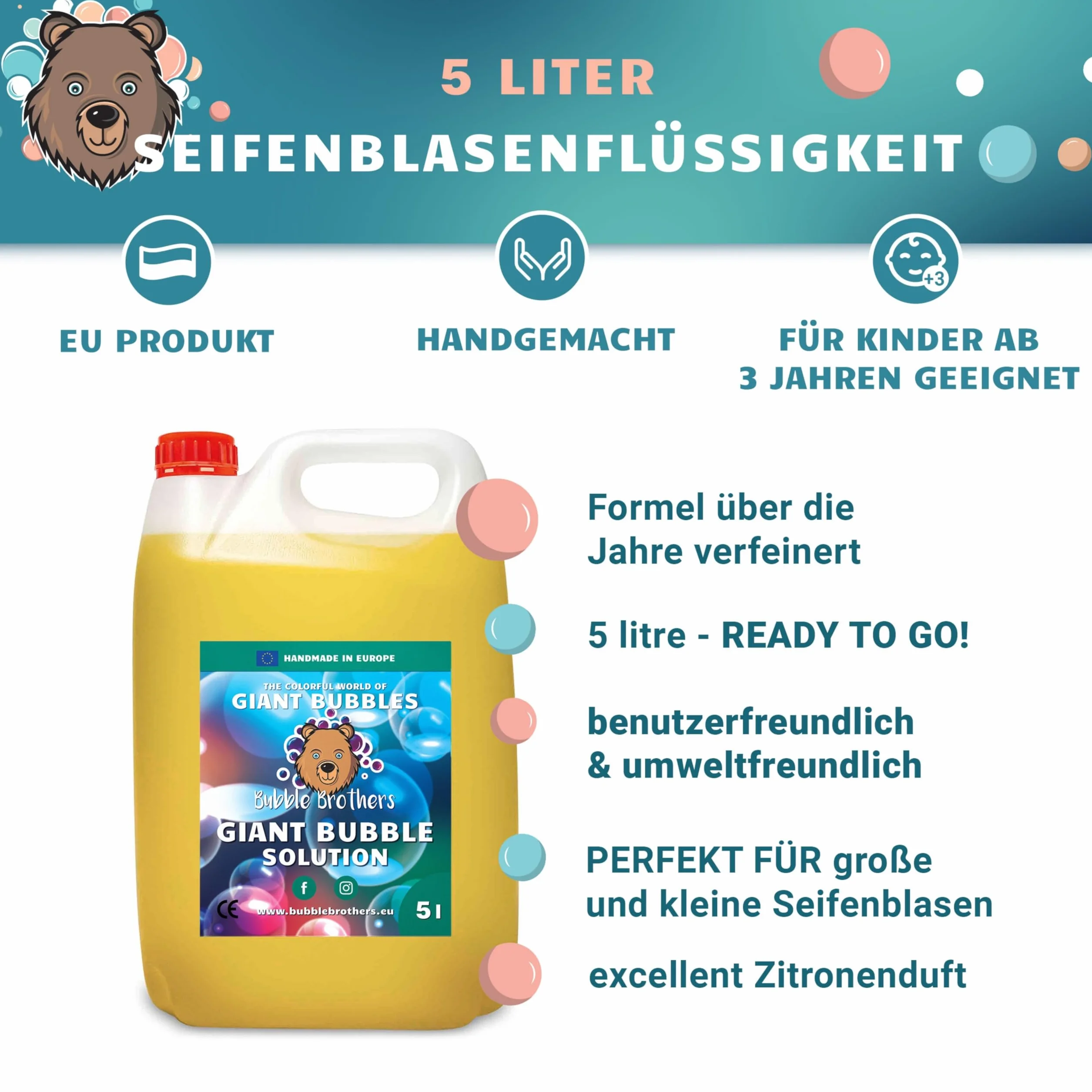 Bubble Brothers Płyn do baniek mydlanych, 5 l, do ogromnych baniek mydlanych i baniek mydlanych – kanister premium do uzupełniania na urodziny dziecka i zabawy na świeżym powietrzu, XXL, nietłukące