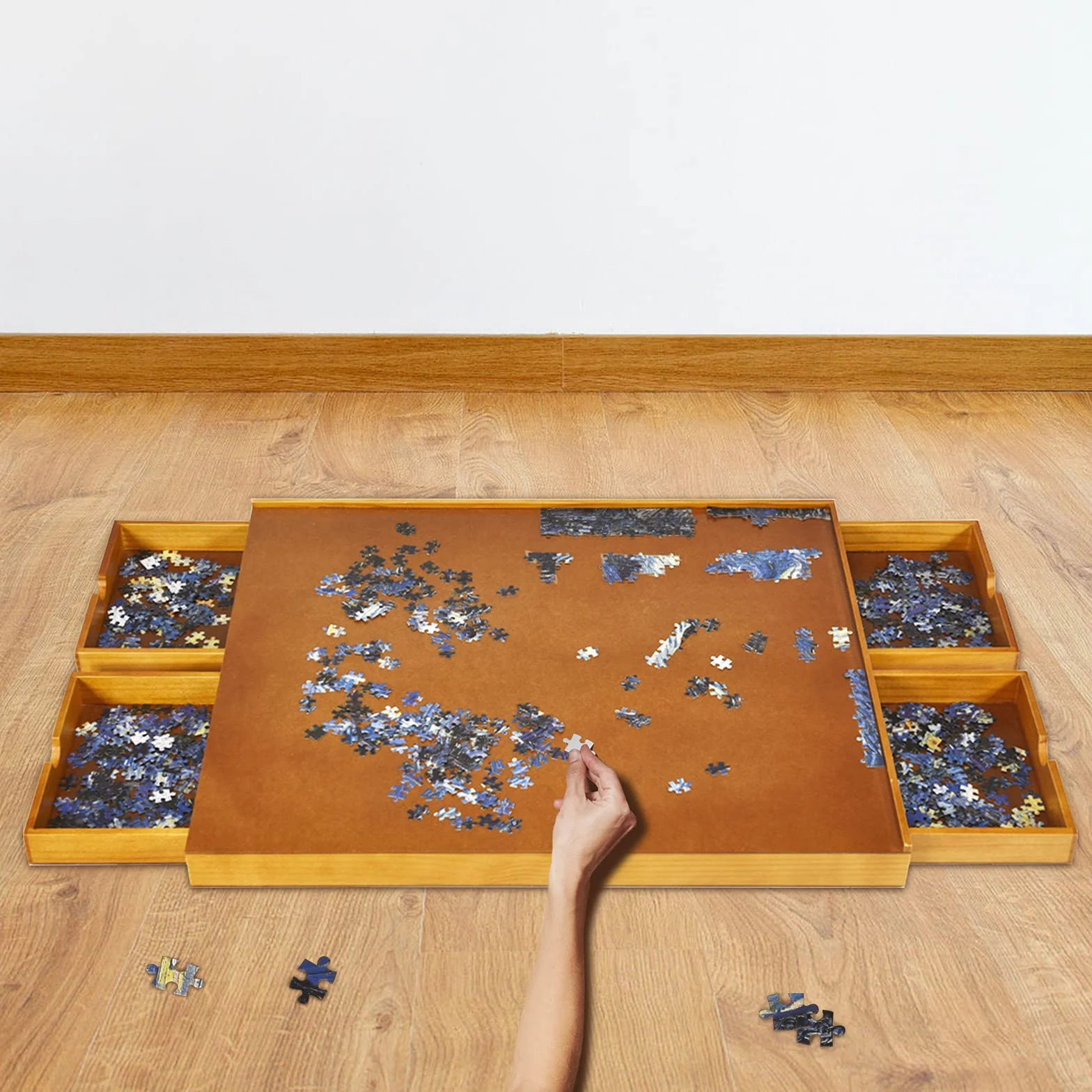 GOPLUS Drewniany stół do puzzli, stół z 4 szufladami, system przechowywania puzzli na 1000-1500 sztuk, podkładka do puzzli z równą powierzchnią roboczą, mata do puzzli, 80 x 65 cm