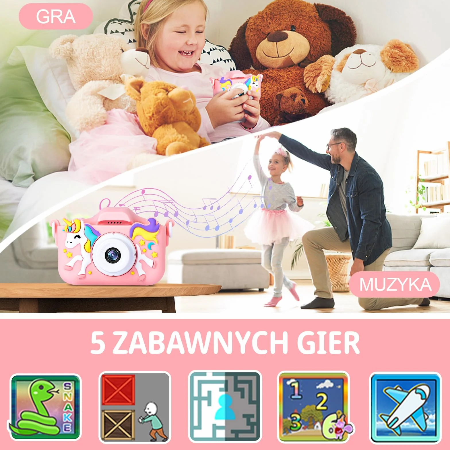 48-megapikselowy Aparat dla Dzieci, 2,0-calowy Ekran 1080P z Kartą SD, 32 GB Cyfrowy Aparat do Selfie dla Chłopców i Dziewczynek w wieku 2-12 lat, Zabawka na Prezent Urodzinowy (Różowy)