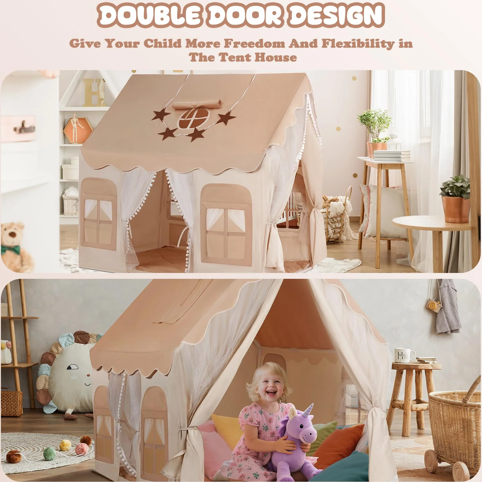 snookids Namiot dziecięcy do użytku wewnątrz – domek do zabawy dla dzieci z matą, światełkami, tęczowymi zawieszkami i flagą gwiazd, namiot do zabawy, namiot tipi dla dzieci, dekoracja pokoju
