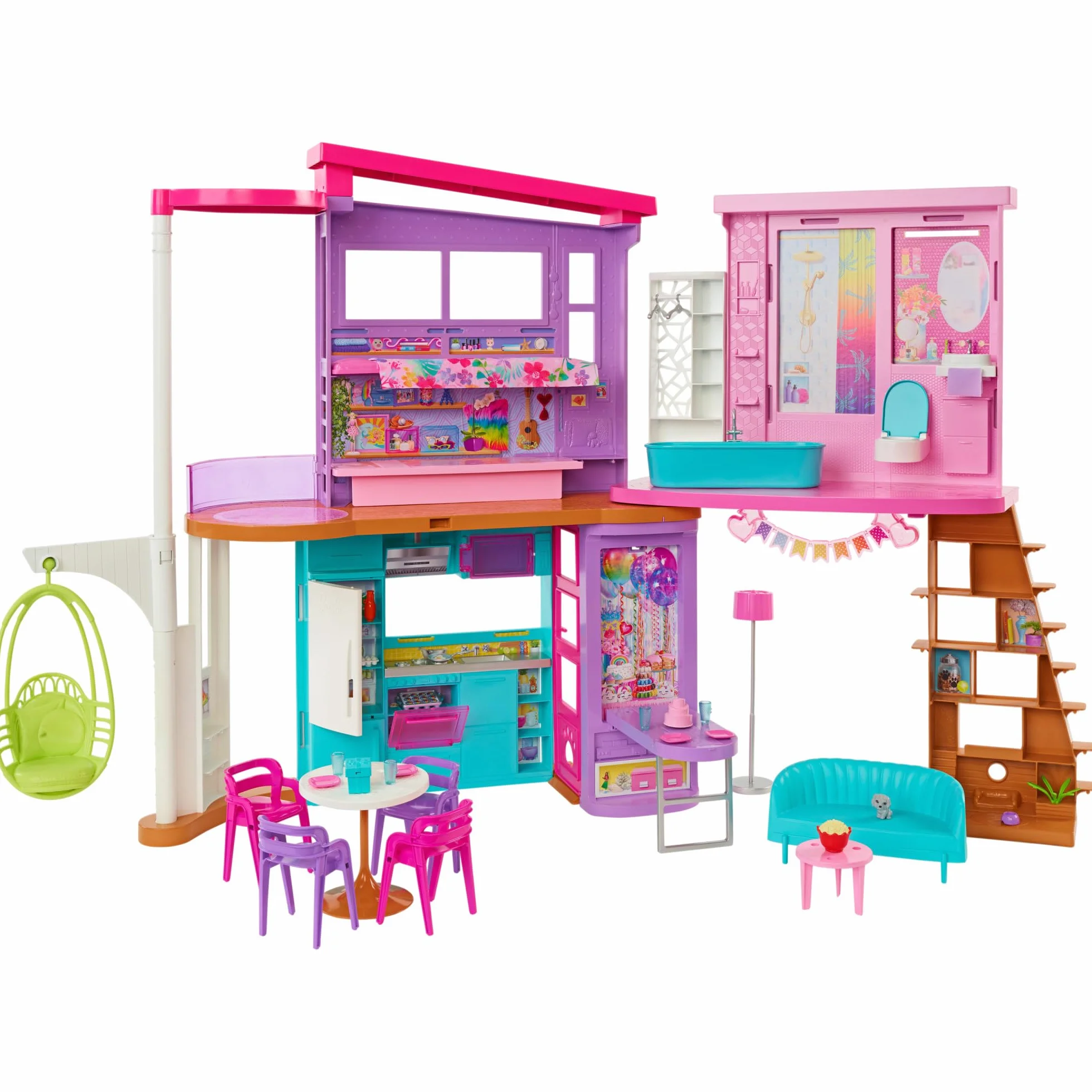 Barbie Wakacyjny domek Zestaw do zabawy (107 cm) z 2 poziomami, 6 pomieszczeniami, huśtawką-windą i ponad 30 elementami, zabawka dla dzieci od 3 roku życia, HCD50