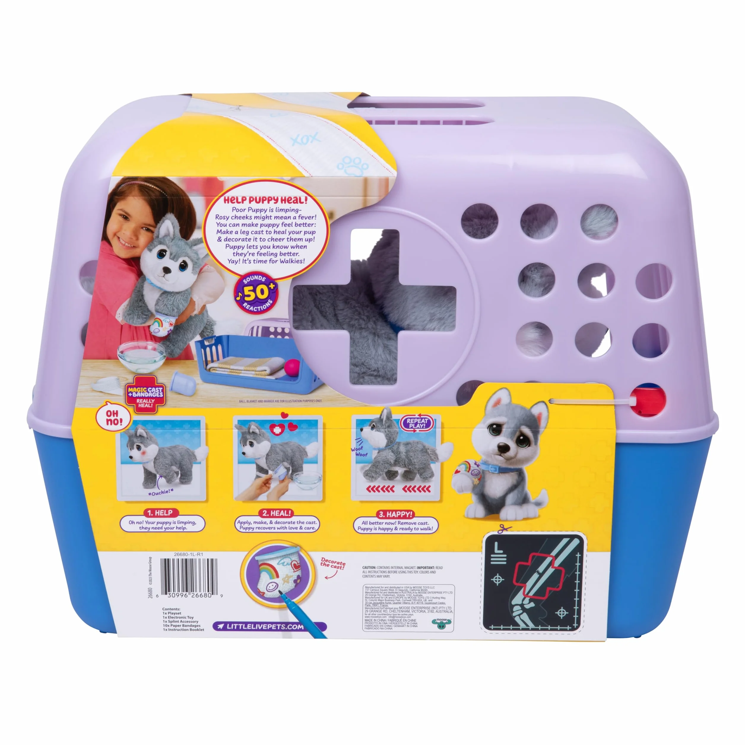 Little Live Pets Ouchies Aspen – ekskluzywny interaktywny szczeniak Husky z 50+ dźwiękami i reakcjami, w zestawie zestaw weterynaryjny i torba do noszenia, od 4 lat