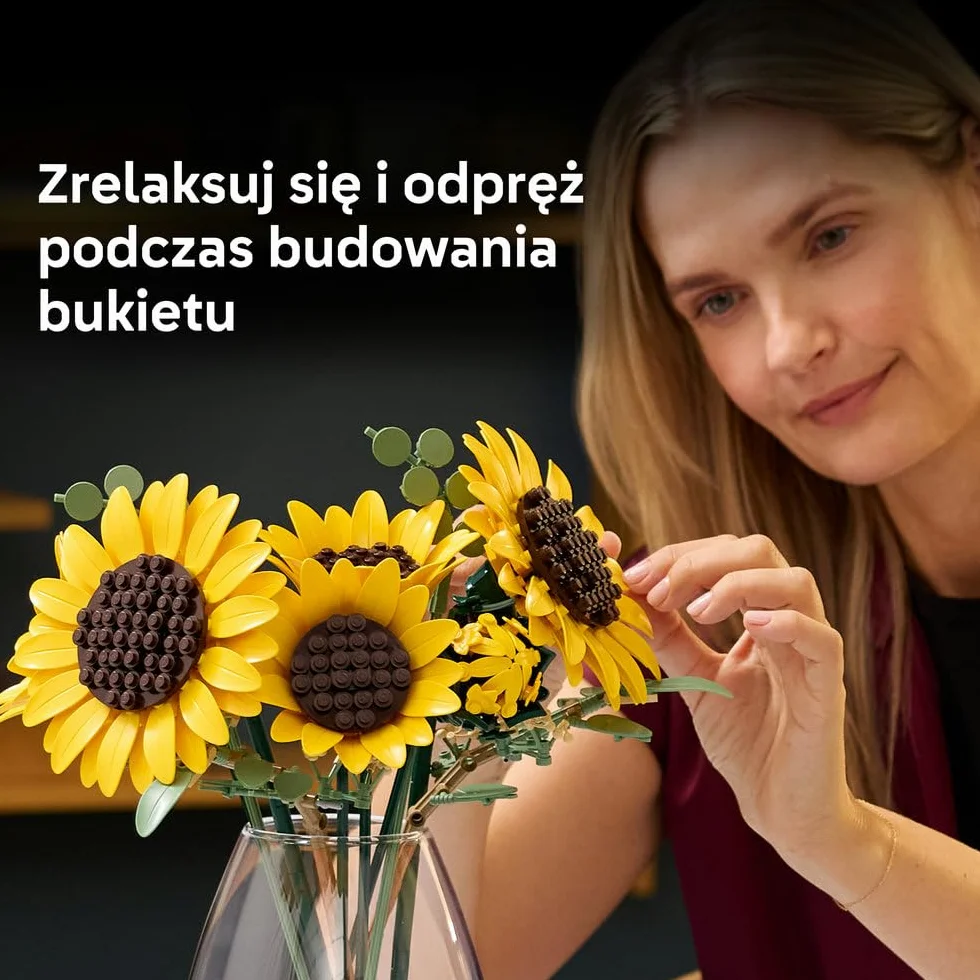 LEGO Botanicals Bukiet słoneczników, zestaw konstrukcyjny dla dorosłych, kwiatowa dekoracja z sześcioma kwiatami i liśćmi eukaliptusa, pomysł na prezent urodzinowy dla kobiet i mężczyzn 11502