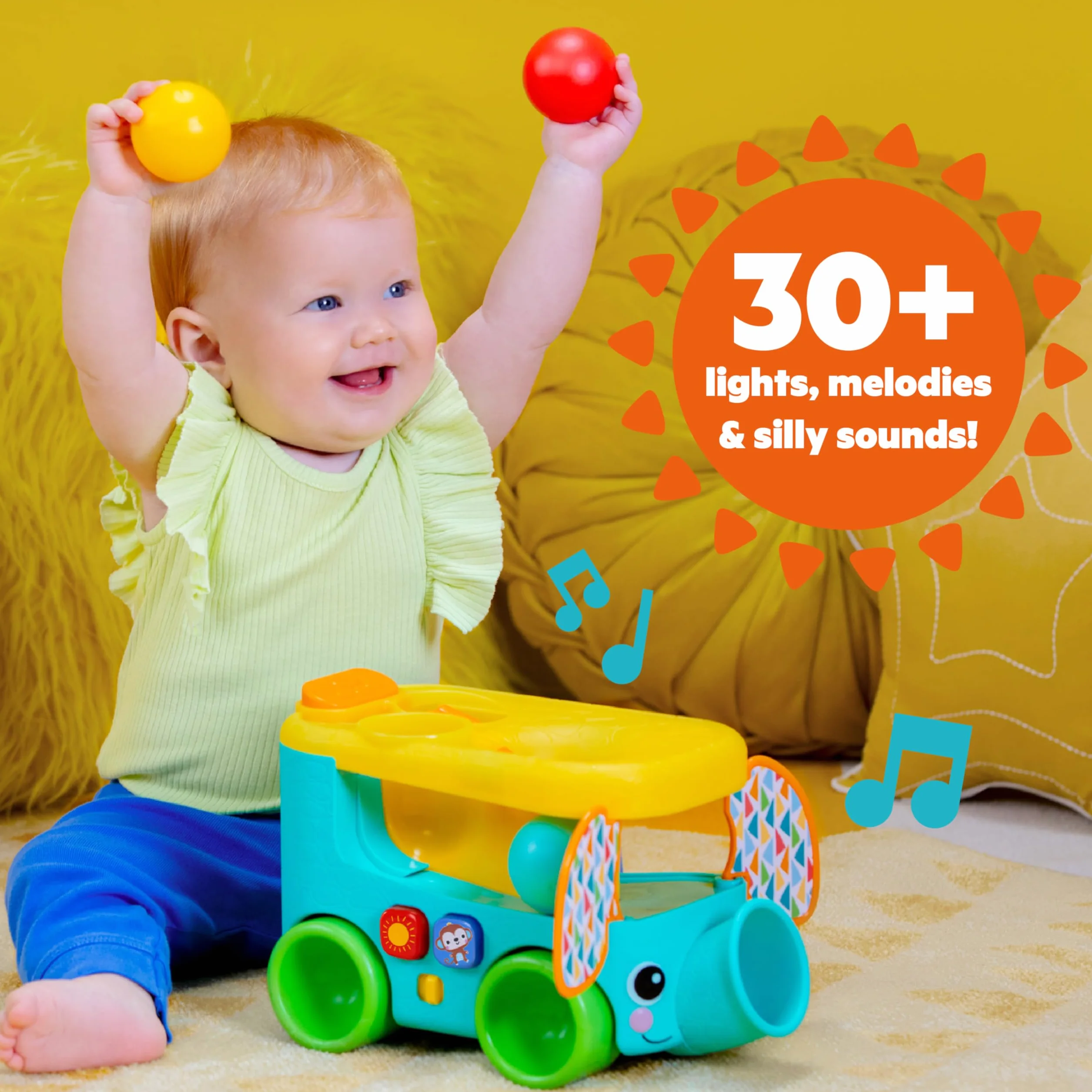 Bright Starts Pop & Roll Safari Bus zabawka do raczkowania słoni, zabawka do raczkowania dla niemowląt, unisex, wiek 6 miesięcy