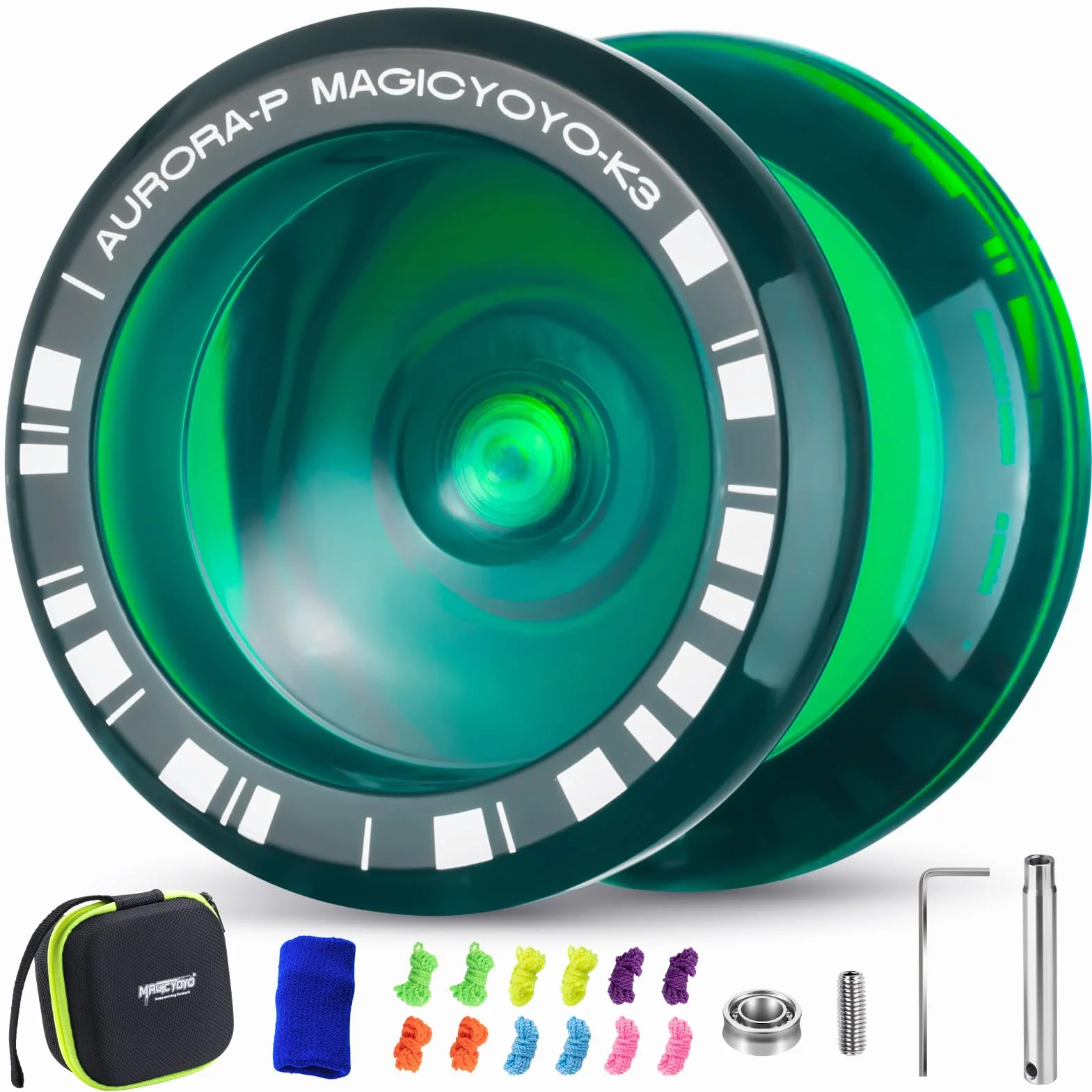 MAGICYOYO K3 Aurora-p, Professional JoJo With Finger Spin for Kids, Responsive and Non-Responsive With 12 Strings and Accessory Set (Dark Green)