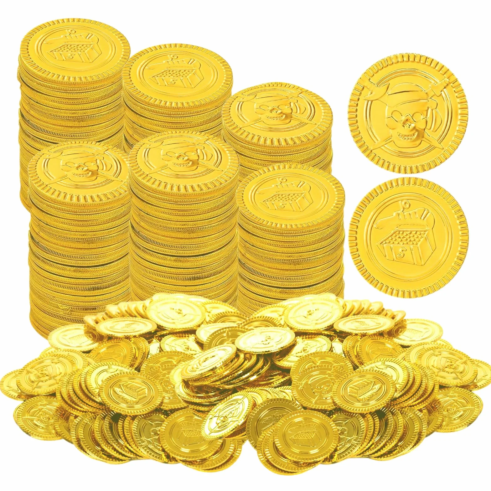 50 sztuk złotych monet, skarb piracki, złote monety, zabawka Goldtaler, skarb piracki, urodziny, tworzywo sztuczne, złoty taler, piracka impreza morska, poszukiwanie skarbów, monety do zabawy, prezent