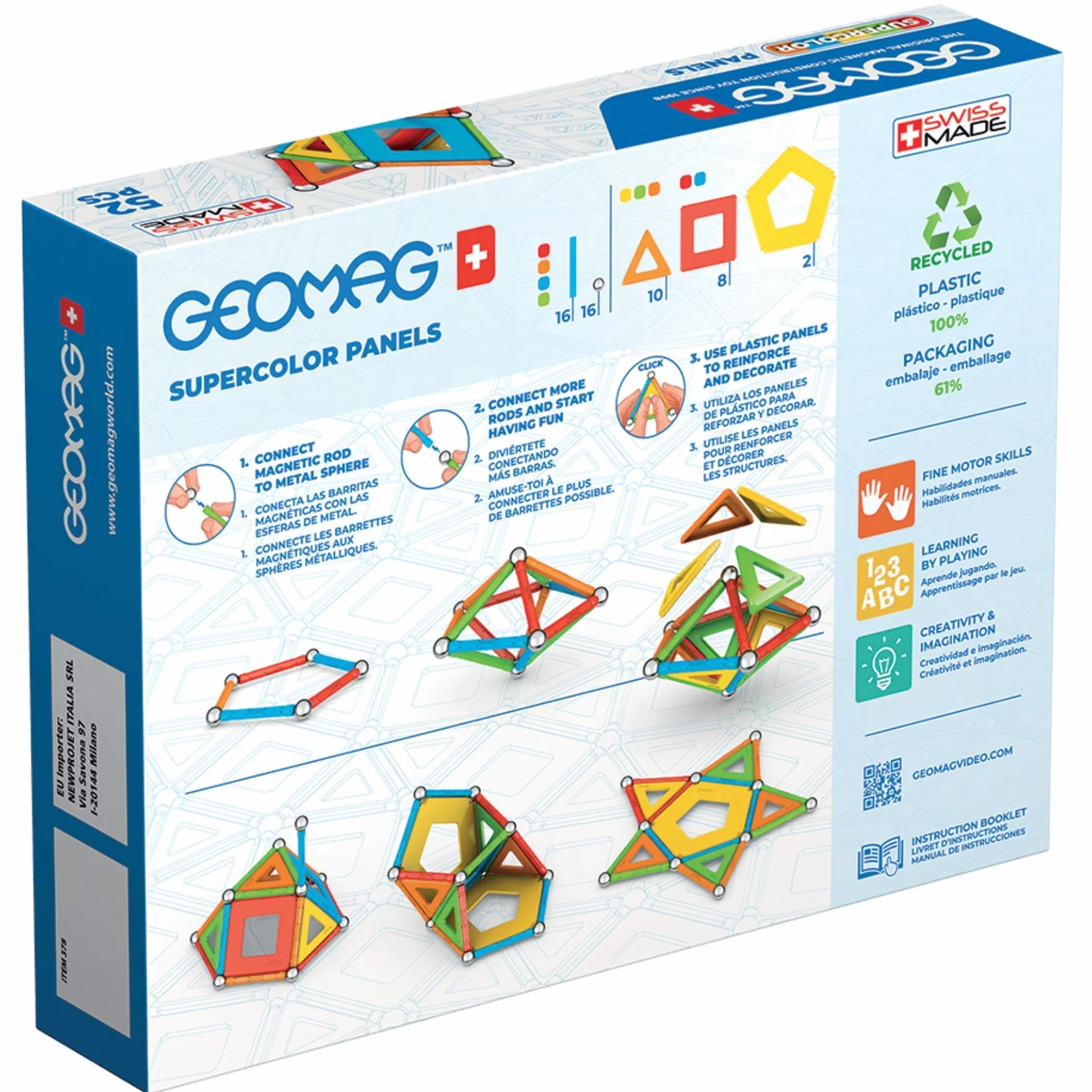 Geomag - Supercolor - Superkolorowe Magnetyczne Klocki dla Dzieci, Zabawka Magnetyczna, Gra Edukacyjna, Green Collection, 100% Plastiku z Recyklingu, 52 sztuk