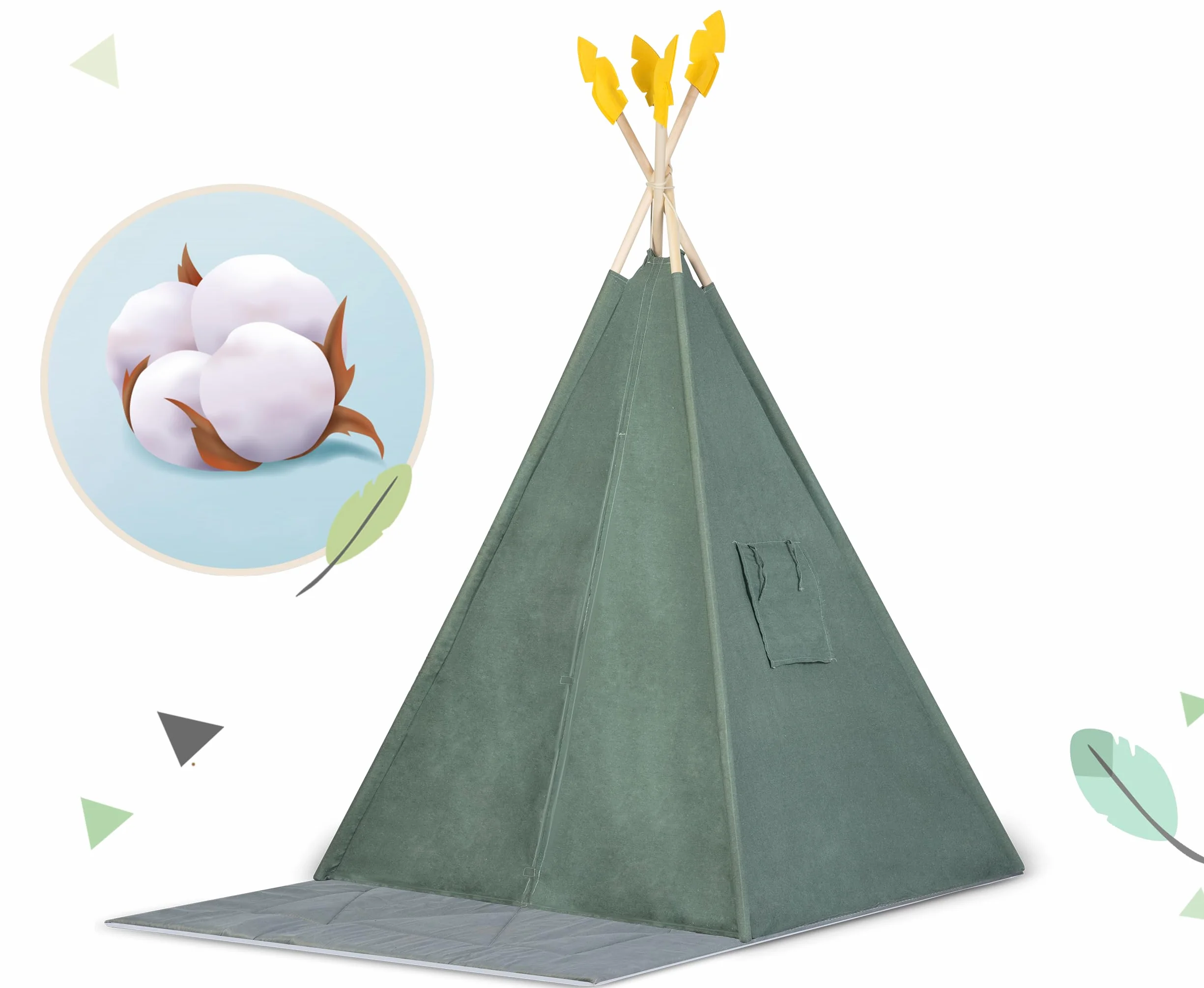 Nukido namiot dla dzieci tipi teepee wigwam z girlandą, poduszkami, dużą matą i stabilizatorem zielony
