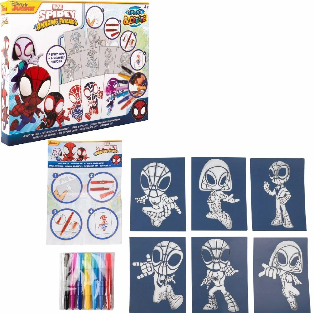 Disney - Marvel - Spidey and his Amazing Friends - zestaw pisaków w sprayu - kredki dla dzieci - zestaw do malowania z kolorowymi kredkami i szablonami do malowania