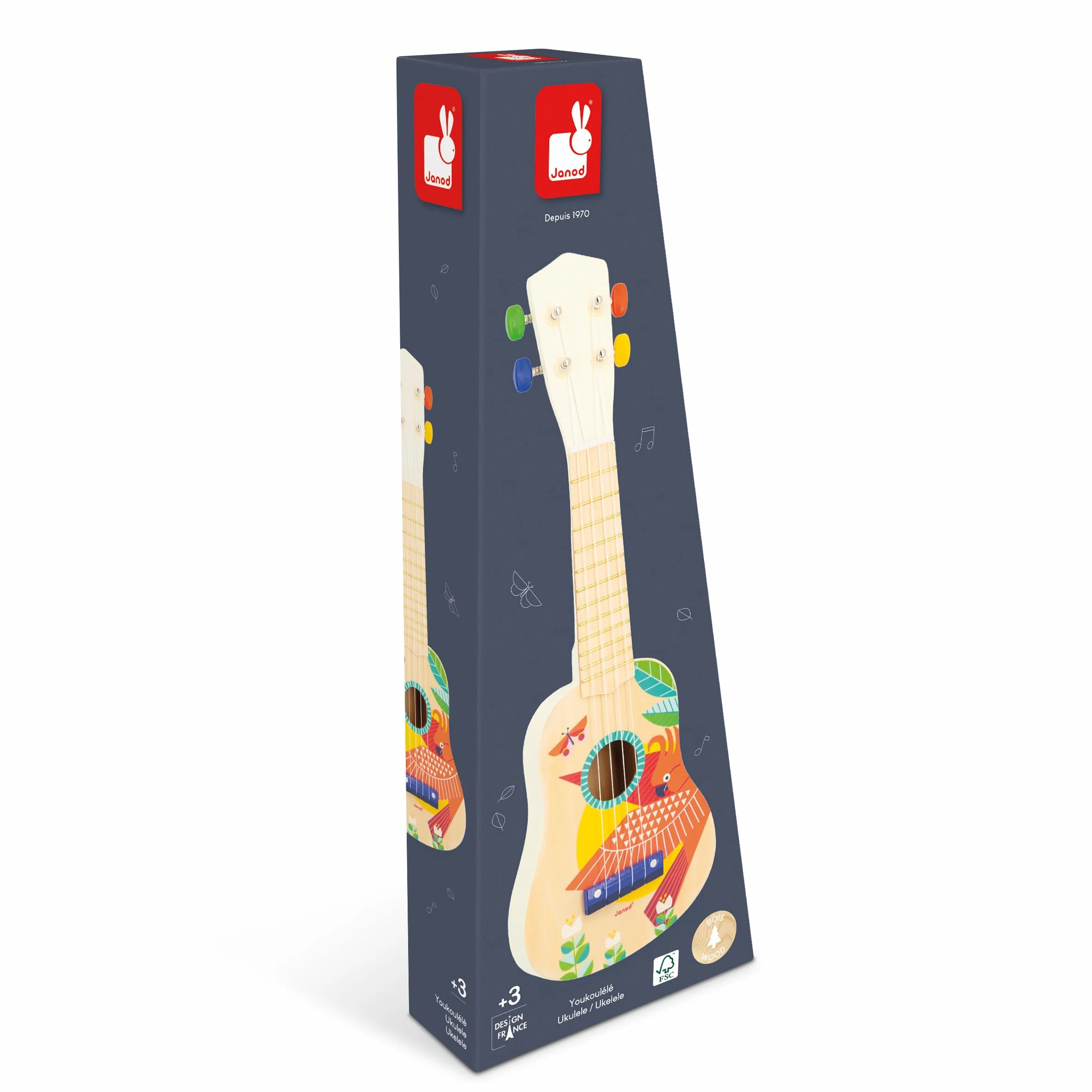 Janod Drewniane Ukulele Gioia-Instrument Dzieci-Sztuczna zabawka i zachęta muzyczna-malowanie wodne 3 lata, J07652, Multicolor (JURATOYS
