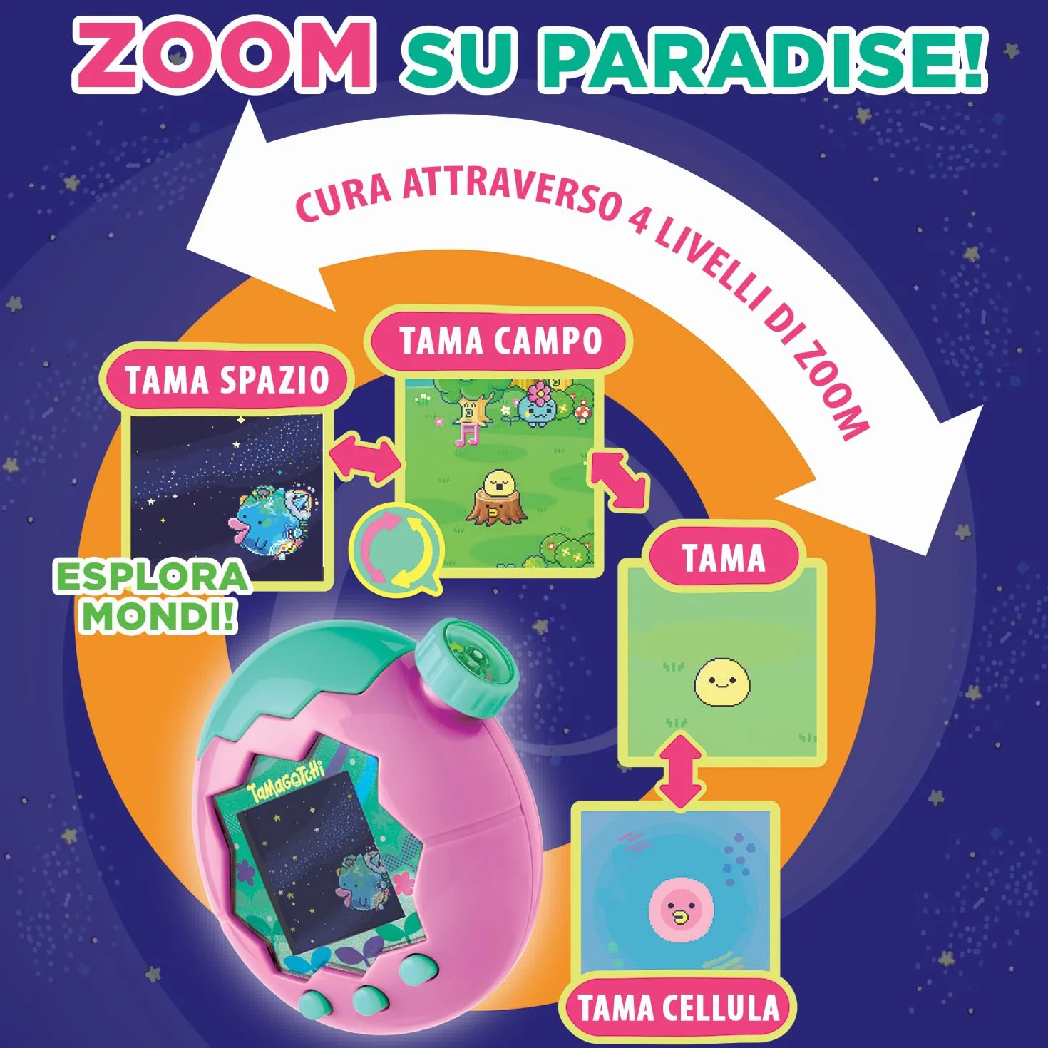 TAMAGOTCHI Bandai Paradise Ciel - Wirtualne zwierzę do hodowli z kółkiem zoomu - interaktywna zabawka w języku francuskim - Fioletowo-różowy model nieba - zabawka dla dzieci w wieku 6 lat i powyżej
