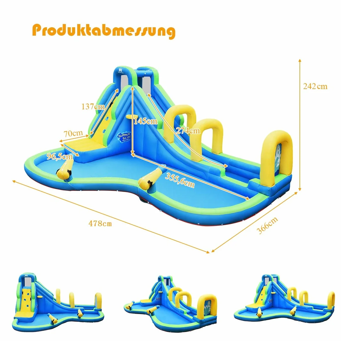 COSTWAY Bouncy Castle, zjeżdżalnia wodna, basen do zabawy, nadmuchiwany park wodny, basen do pływania 478 x 366 x 242 cm (zamek z dmuchawą)