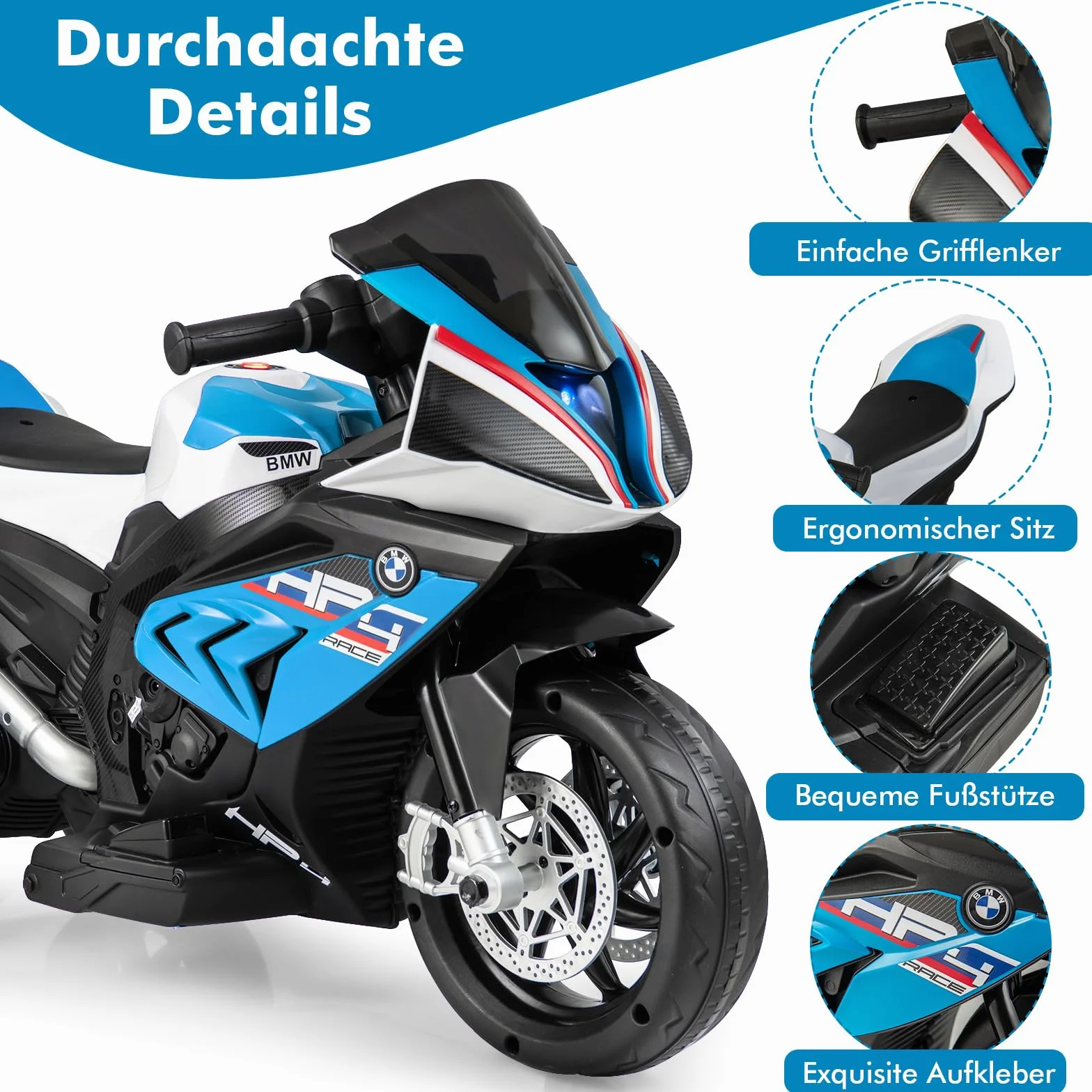 GOPLUS 6 V BMW dziecięcy motocykl elektryczny z muzyką i reflektorami, dla dzieci 3-8 lat, trójkołowy pojazd z pedałem nożnym, obciążenie do 30 kg