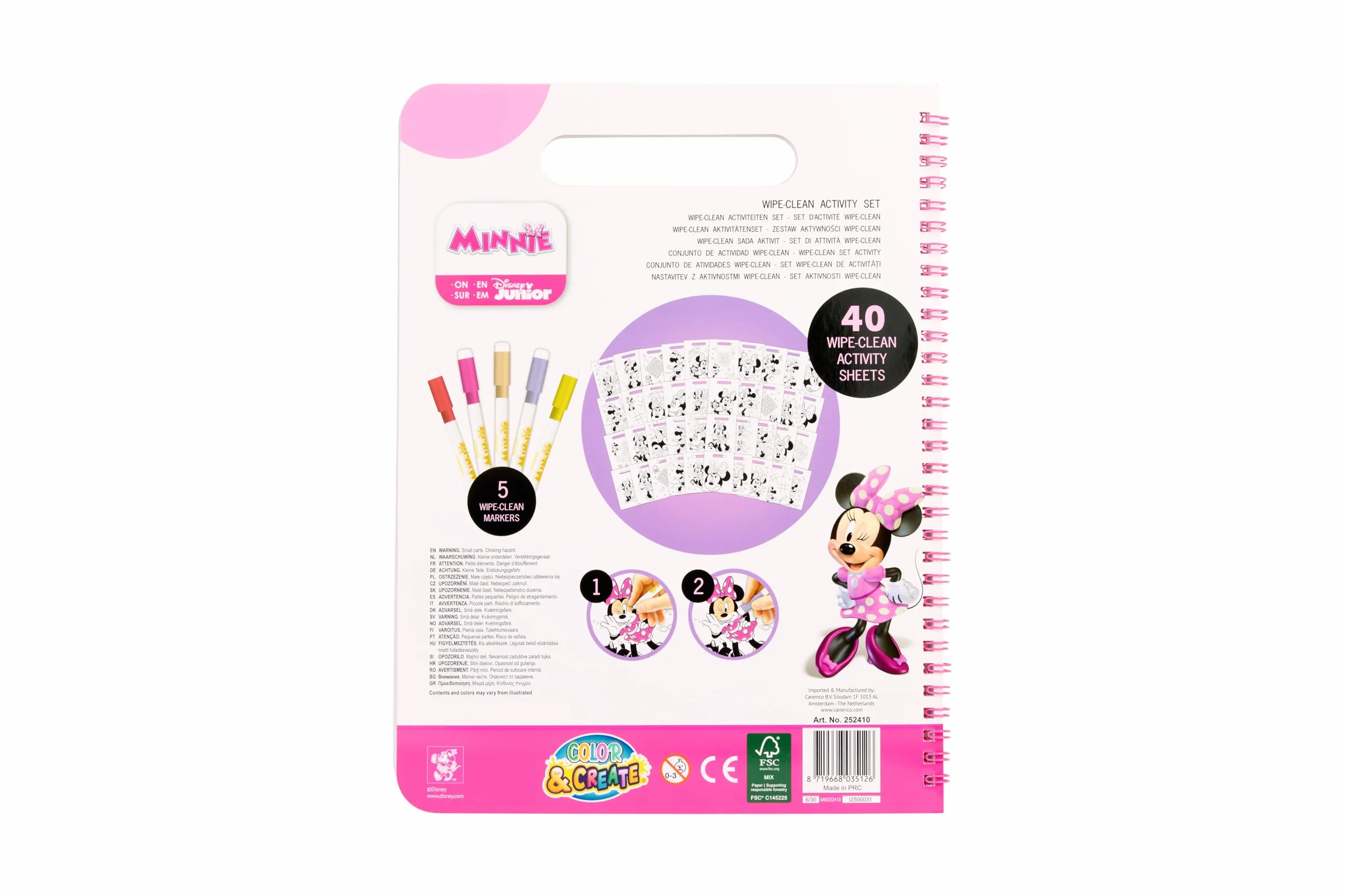 Minnie Mouse Wipe-Clean książka z ćwiczeniami, kolorowanka wielokrotnego użytku dla dzieci od 3 lat, 40 stron z zmywalnymi motywami, z 5 pisakami i wiązaniem spiralnym, książka zajęć do malowania i