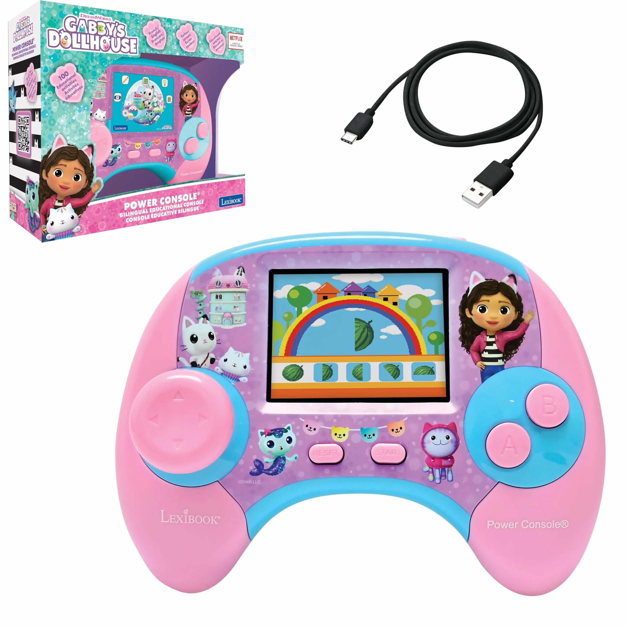 Lexibook, Gabby i Magic House, Power Console, Dwujęzyczna Francuska, Angielska Konsola do Gier Edukacyjnych z 100 Aktywnościami, Kolorowy Ekran, JCG100GDHi1, Różowy, Niebieski