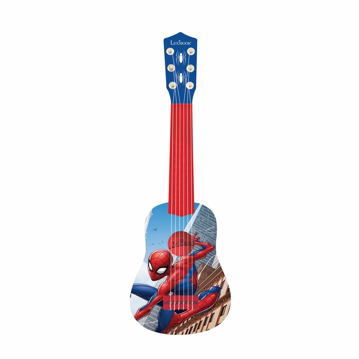 LEXIBOOK K200SP Marvel Spider-Man Peter Parker My First Guitar, 6 strun nylonowych, 53 cm, przewodnik edukacyjny w zestawie, niebieski/czerwony