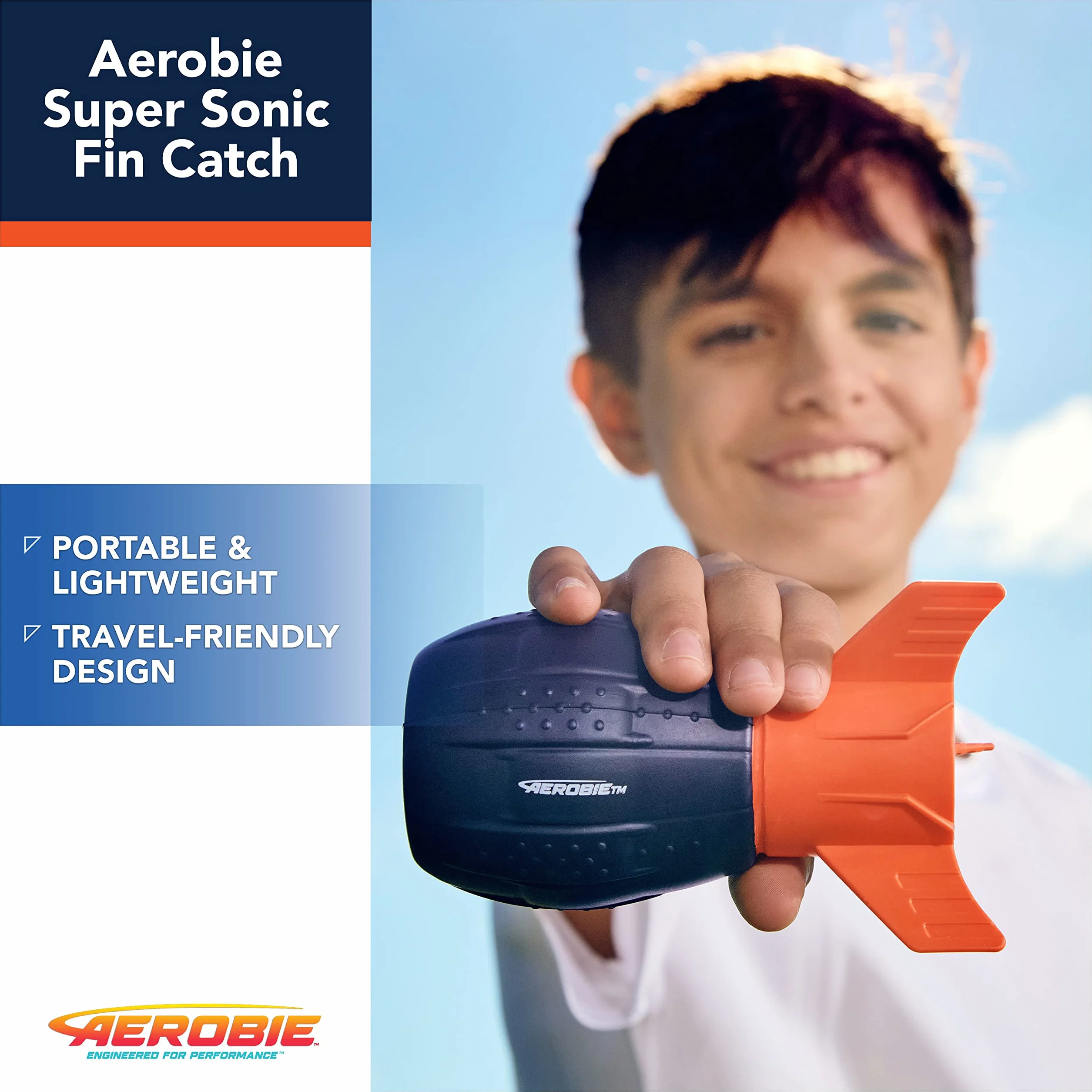Aerobie Super Sonic Fin Catch Football, zabawka outdoorowa z miękkiego materiału, dla dzieci i dorosłych od 8 lat, niebieska/pomarańczowa