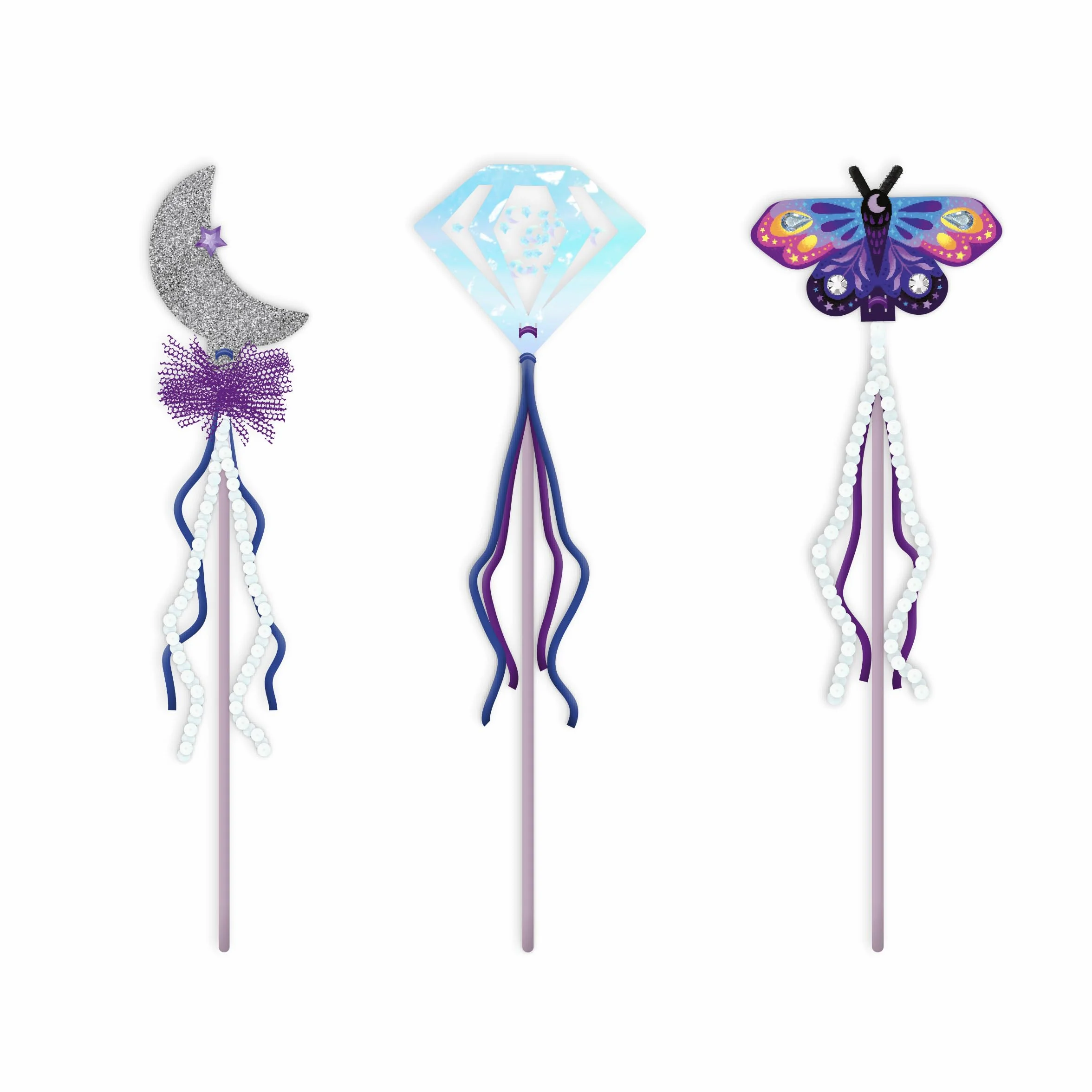 Janod School-3 Create Wands-Kids Activity-Arts & Crafts Kit - ze wstążkami, cekinami i nicią szenilową - magiczny wszechświat - zestaw dla dzieci w wieku 3 +, J09136, wielokolorowy