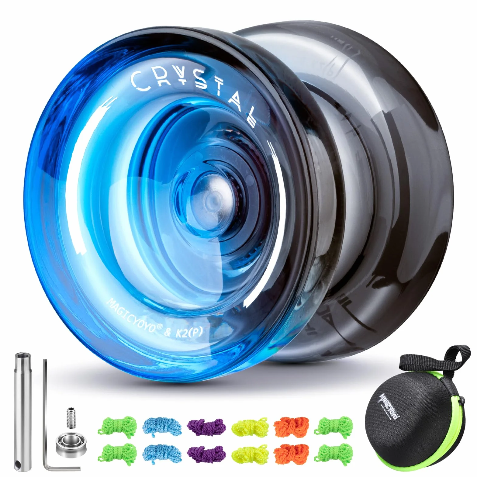 MAGICYOYO Responsywny Yoyo dla dzieci K2 Crystal Black Blue, 2 w 1 - responsywny i nie reaguje Yo Yo, Finger Spin Trick Yoyo z niereagującym łożyskiem, 12 strun, torba jo-jo, narzędzie i akcesoria
