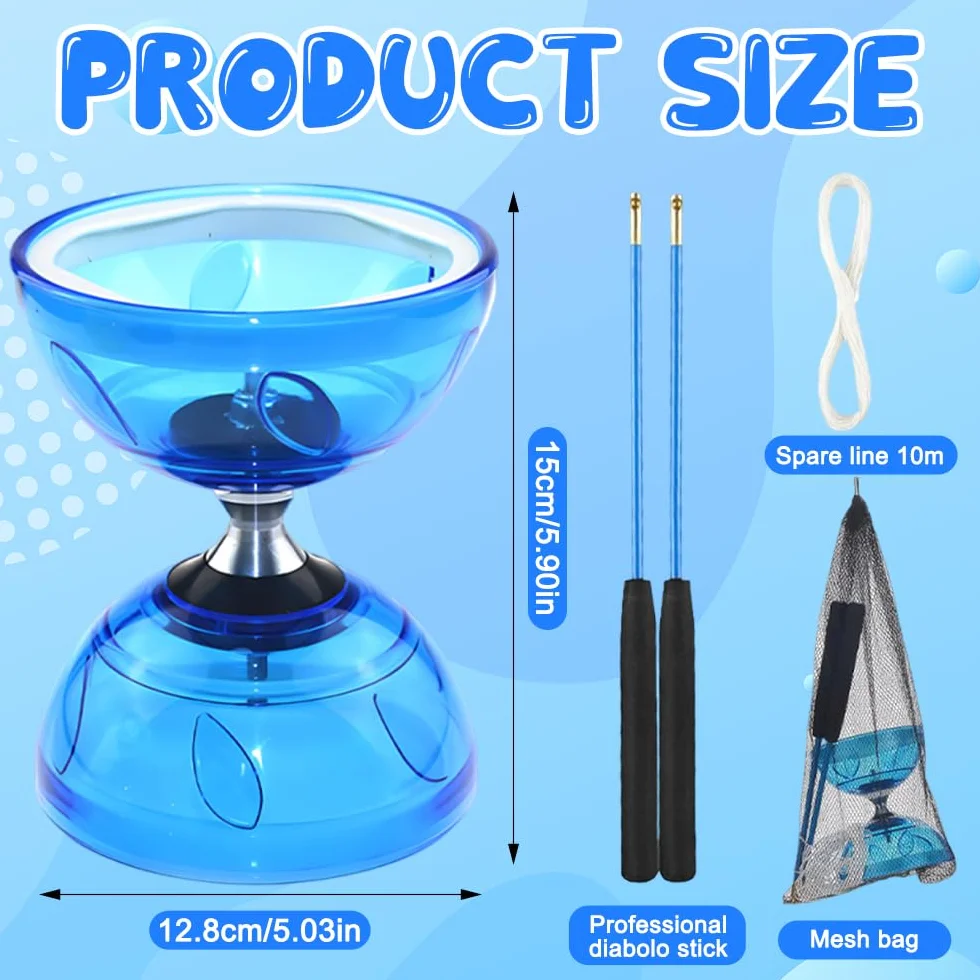 Diabolo LED z łożyskami kulkowymi, 4,5 mm DiaBolo wolnobieg z łożyskiem kulkowym, zabawka do żonglerki Diabolo z piłkami do żonglerki dla dorosłych, początkujących profesjonalistów (niebieski)