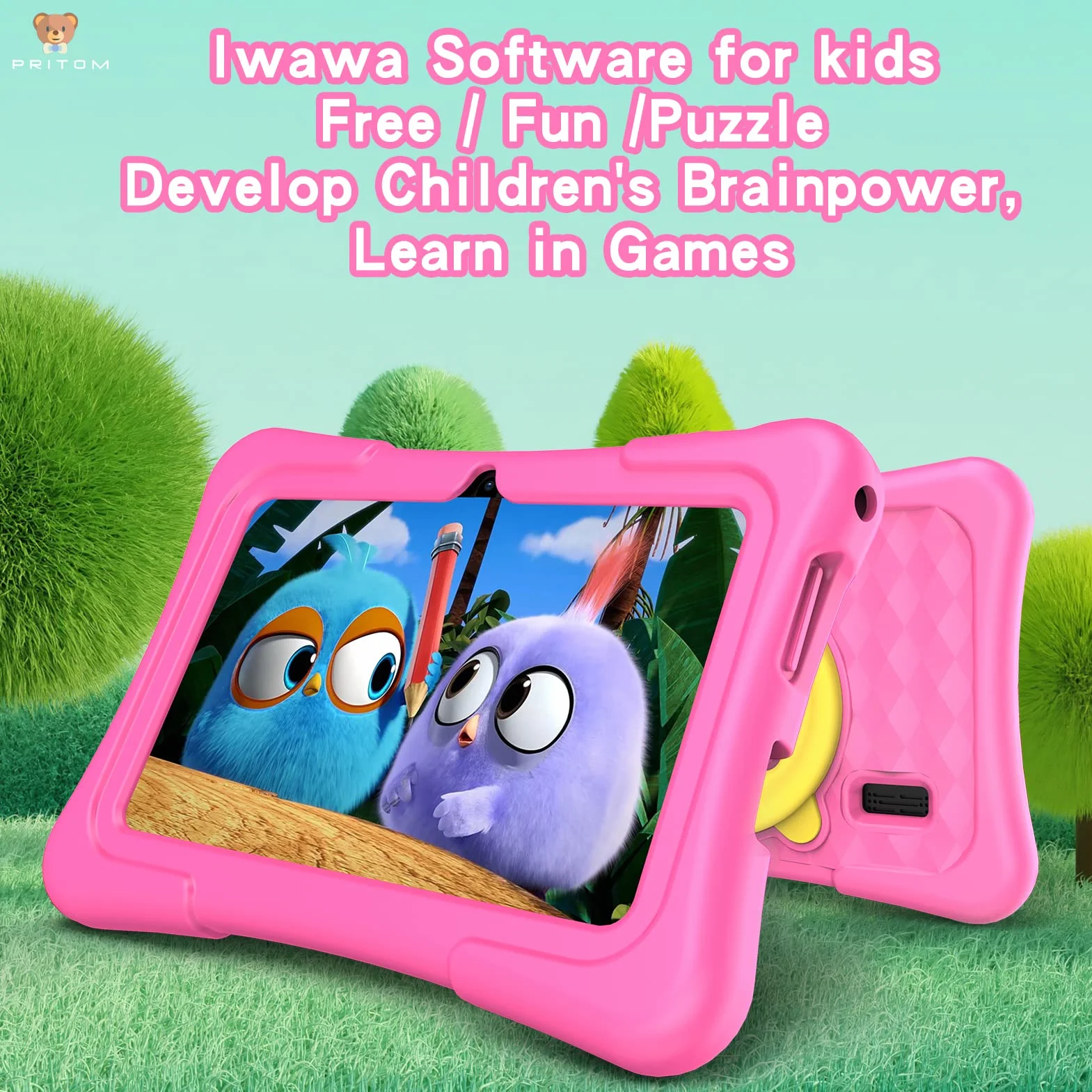Pritom 7-calowy tablet dla dzieci, z systemem Android 11, Quad Core, 2 GB RAM, 32 GB ROM, BT, Wi-Fi, podwójny aparat, edukacja, gry, zabezpieczenie przed dziećmi, fabrycznie zainstalowane oprogramowanie dla dzieci w etui na tablet, typ C, różowy